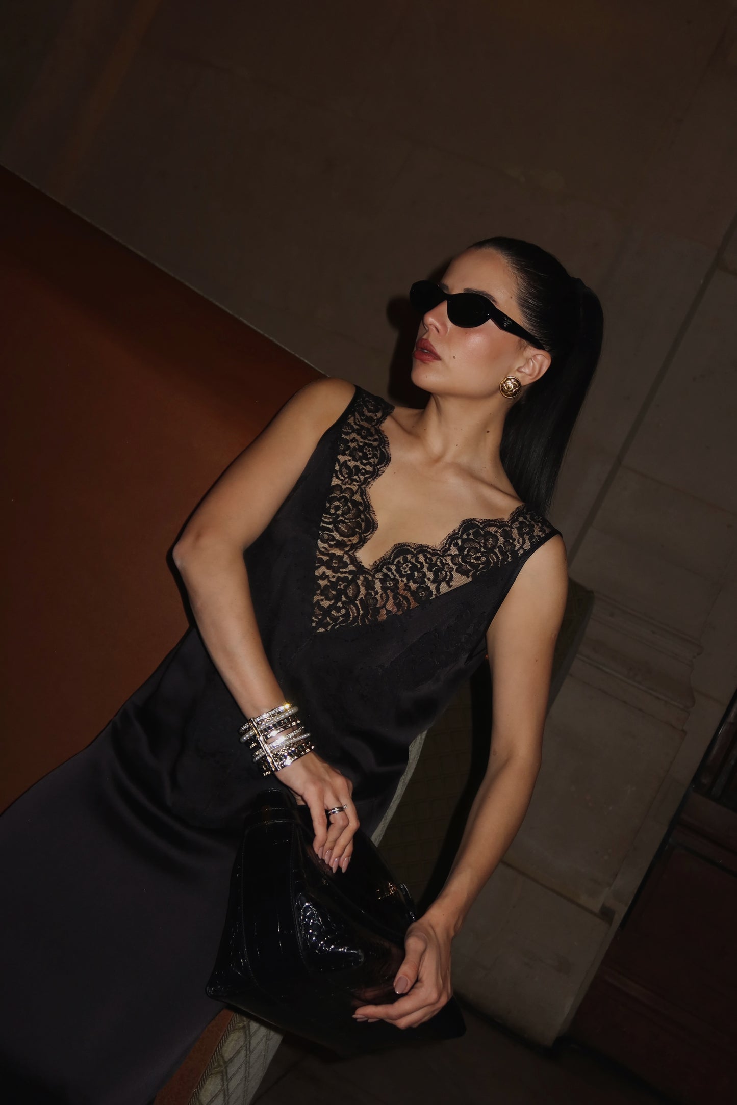 Silk blend lace maxi dress with deep back V-cut
