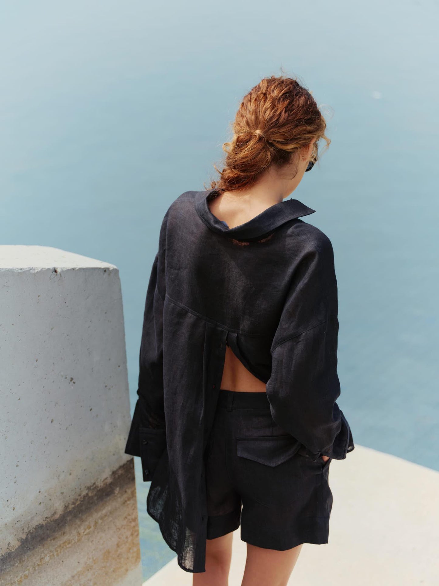 Two-piece linen set with oversized shirt and shorts