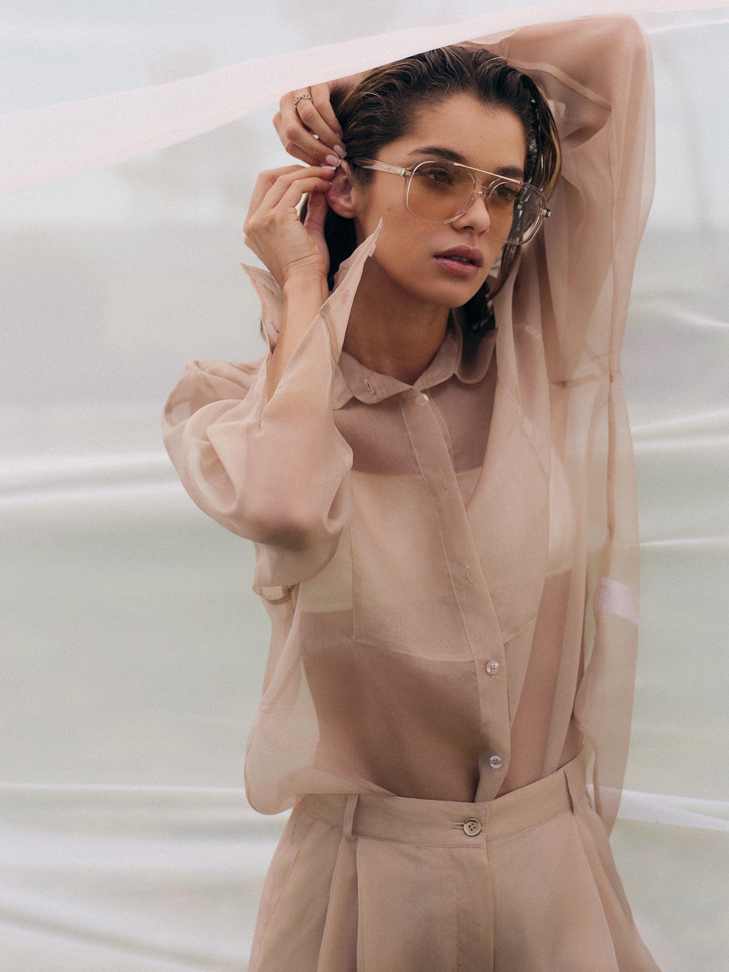 Two-piece festive set with bib-front relaxed fit shirt and pants in silk organza