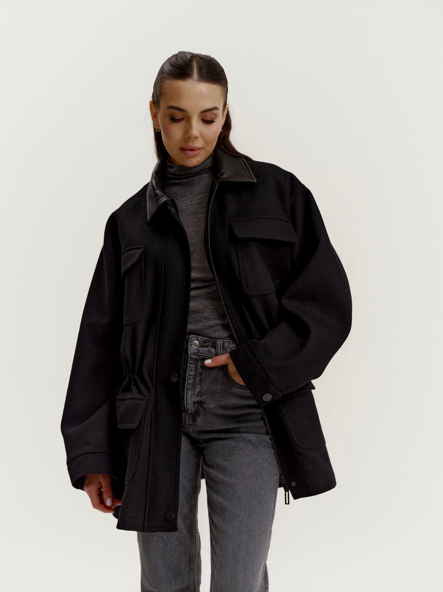 Trending wool utility jacket with leather details