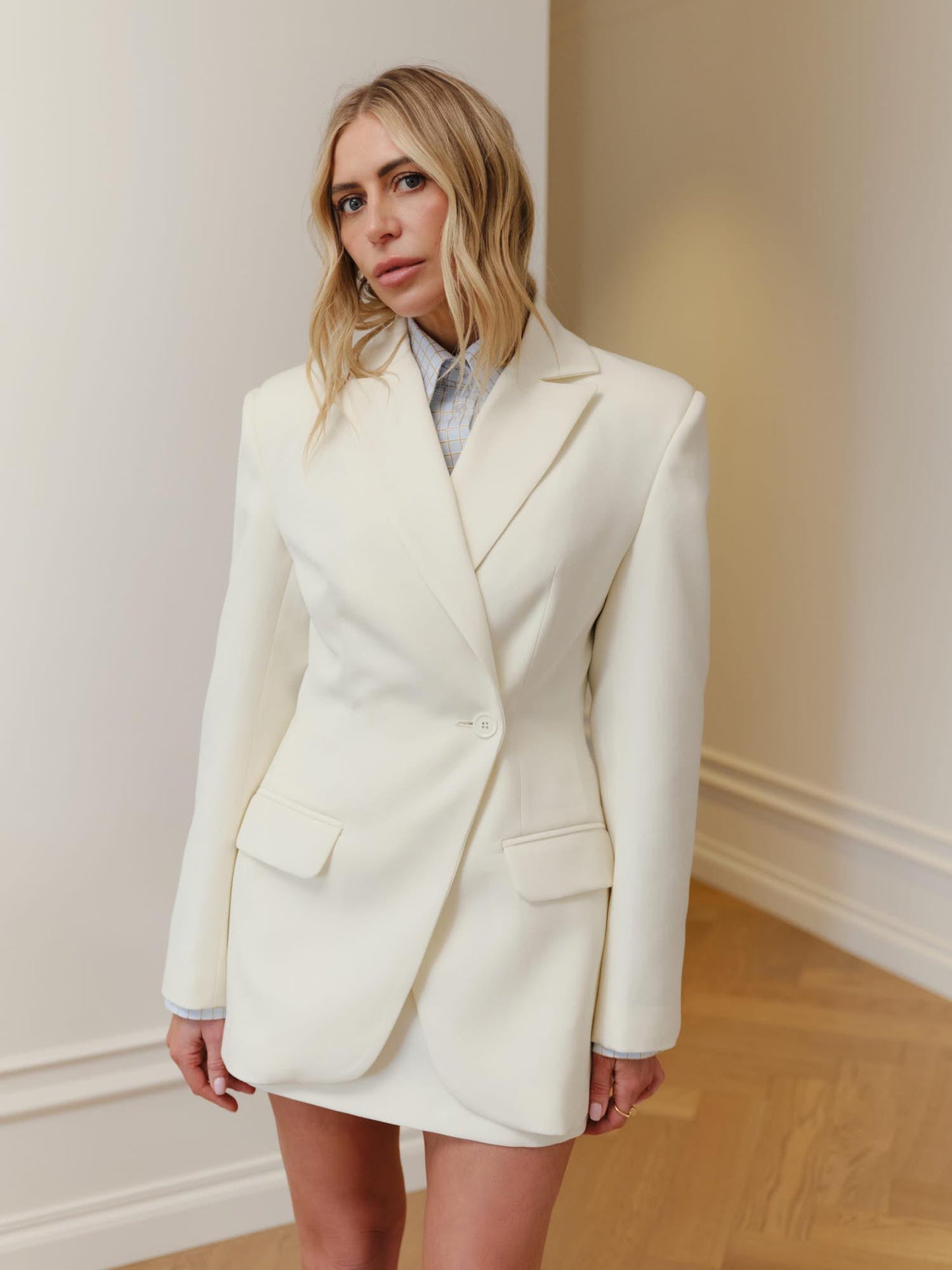 Two-piece suit with Leya wool fitted jacket and A-line mini skirt