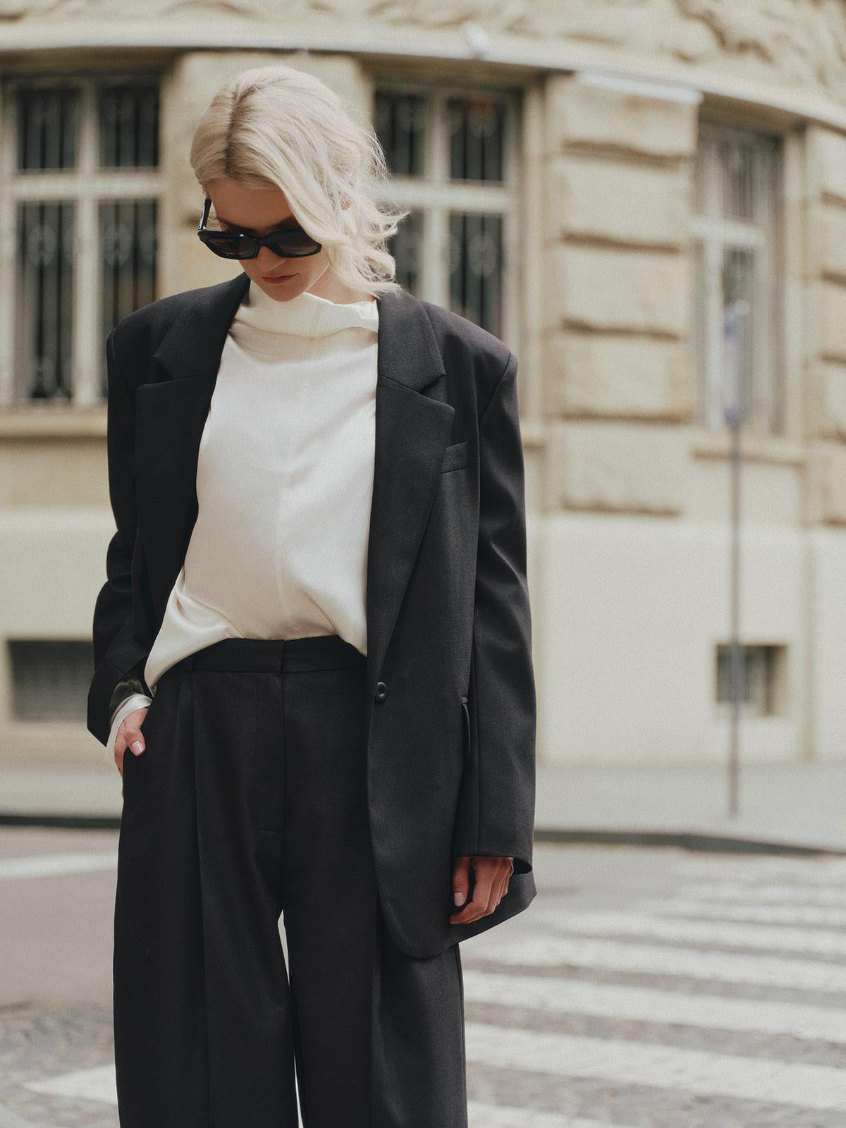 Two-piece contemporary fit suit with Ralph blazer and palazzo pants in structured wool silk blend