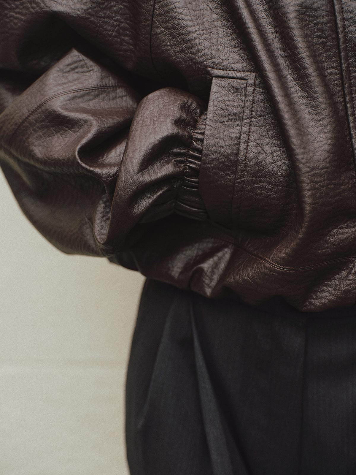 Vegan leather insulated bomber jacket in deep velvet brown