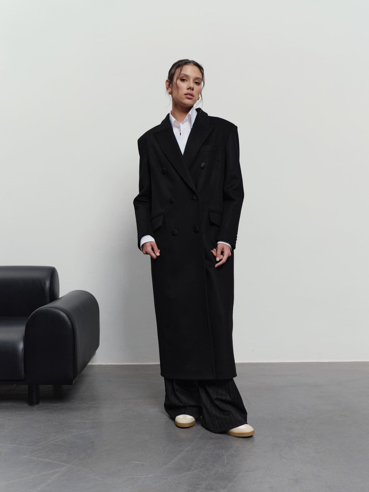 Relaxed wool cashmere maxi coat with accent satin buttons