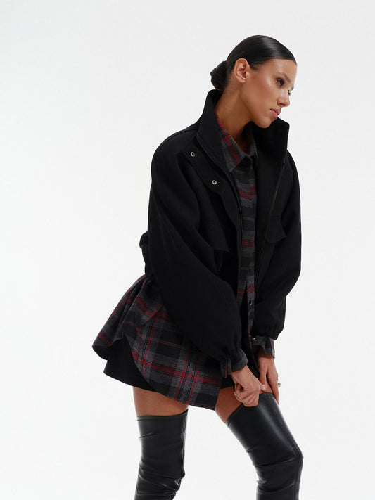 High neck insulated bomber jacket in black structured virgin wool