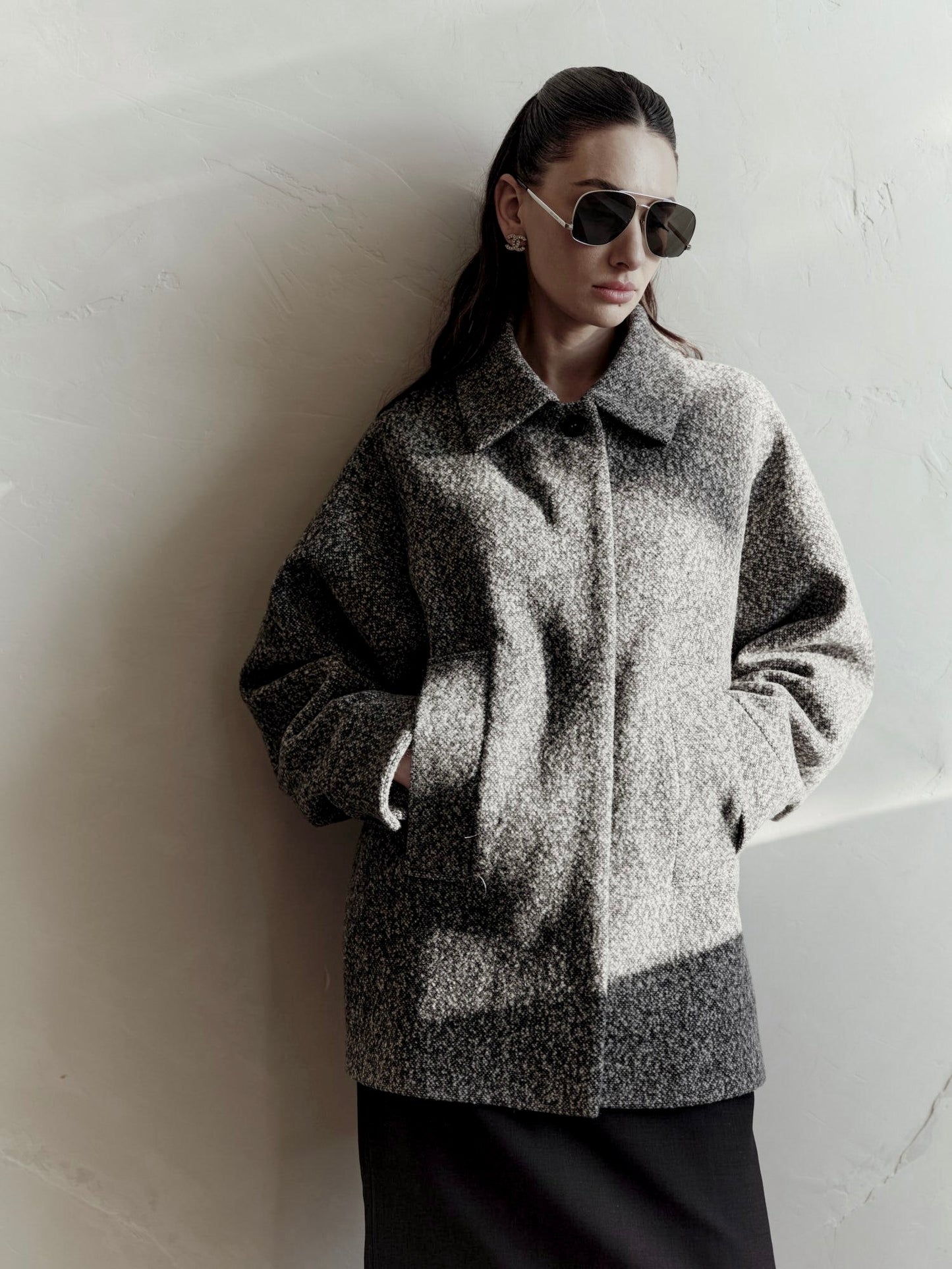 Relaxed fit wool cashmere mid-length bomber jacket