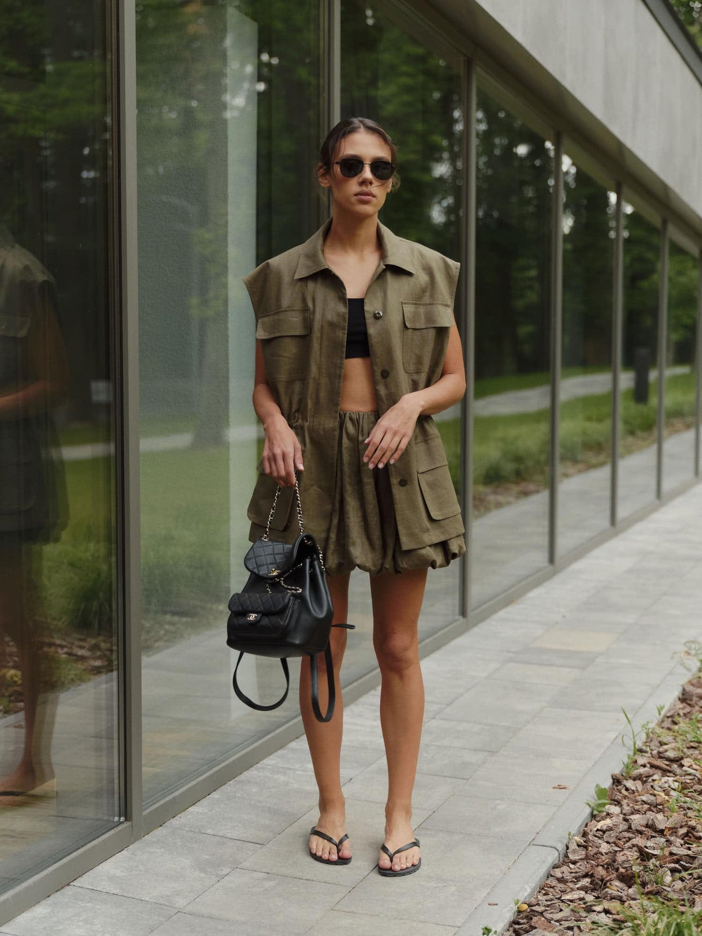 Sleeveless urban jacket with balloon mini dress in khaki linen