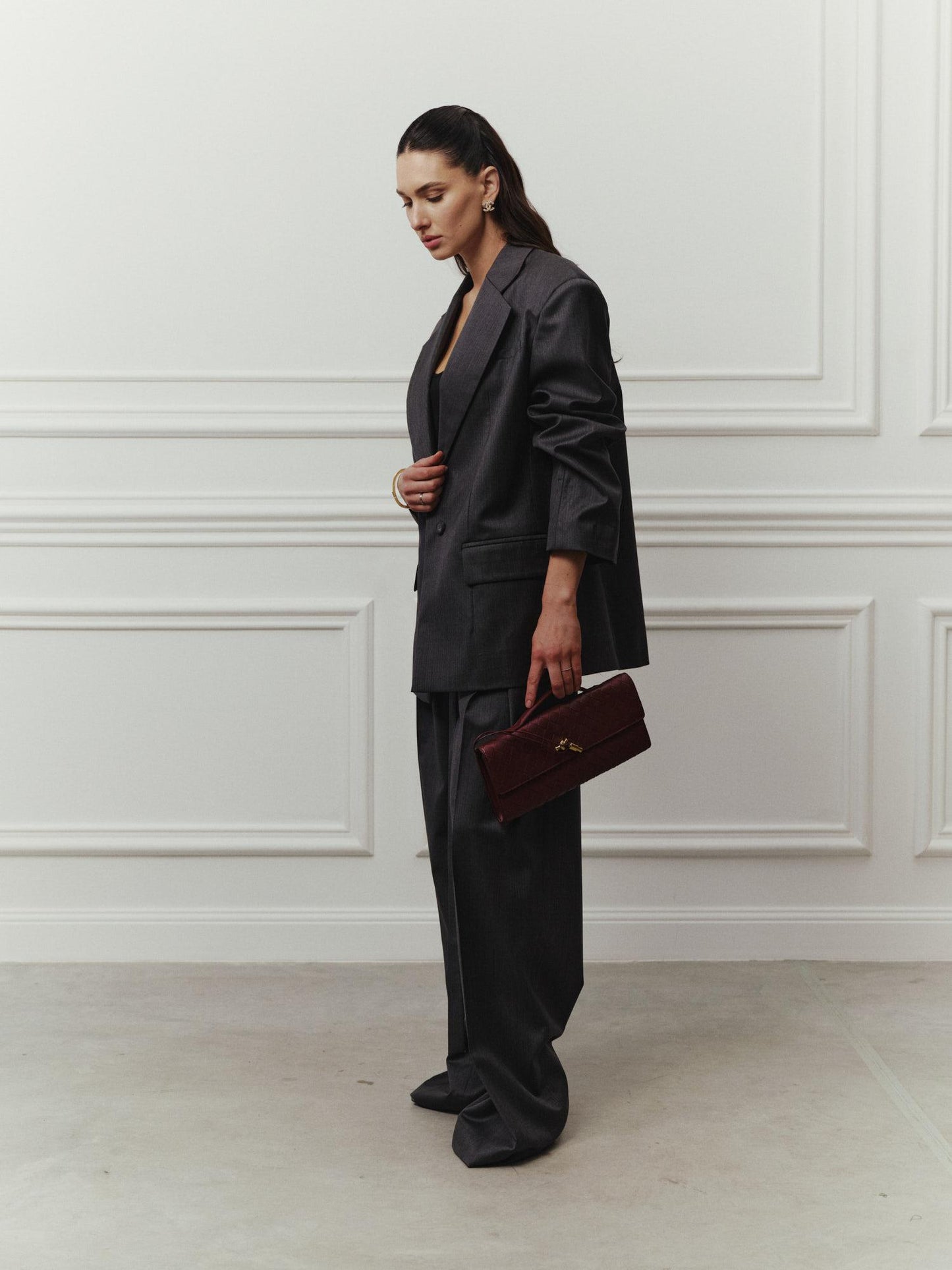 Tayra relaxed fit blazer with palazzo pants in fine deep grey wool