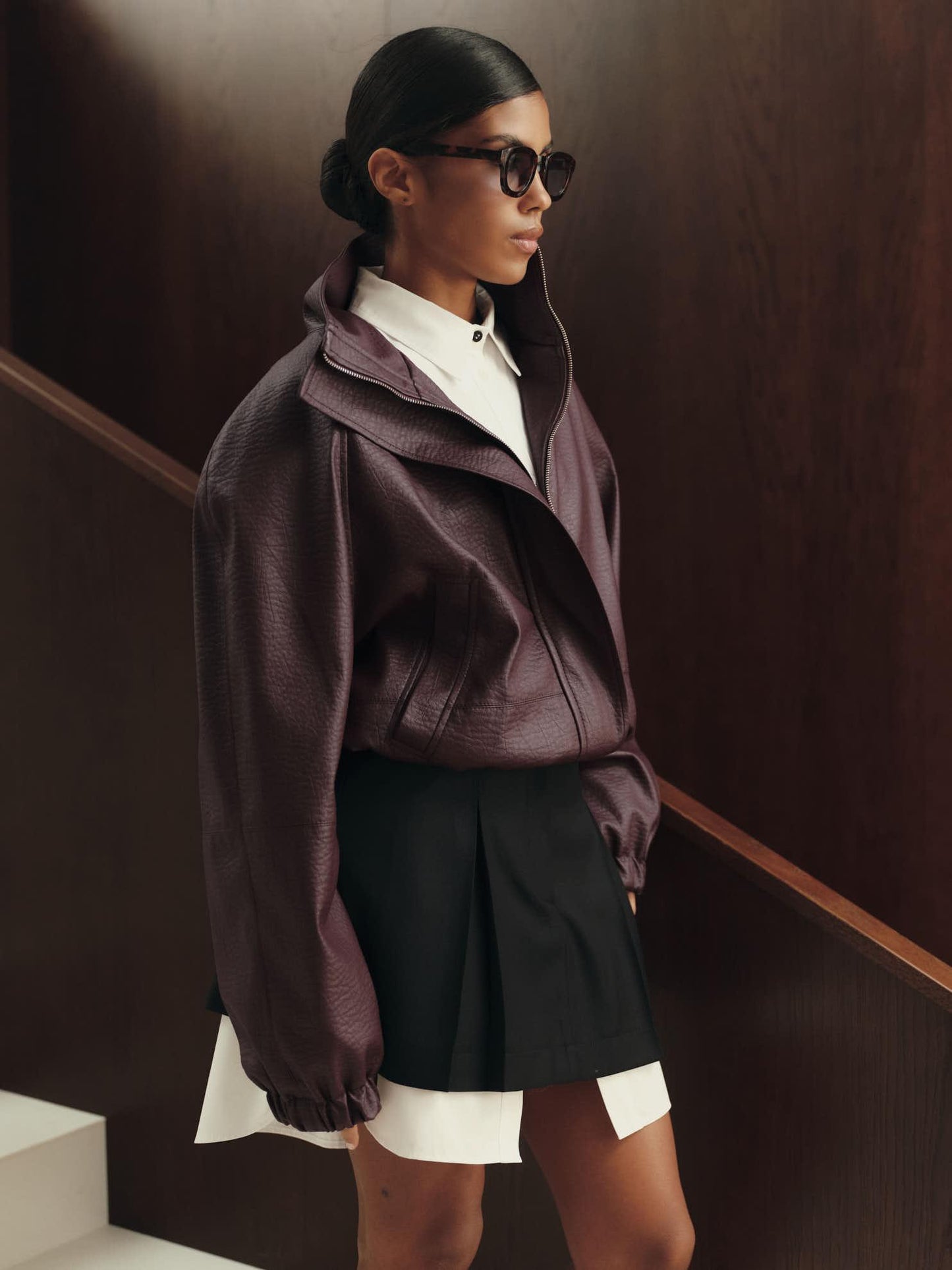 Future leather lined bomber jacket in deep velvet burgundy