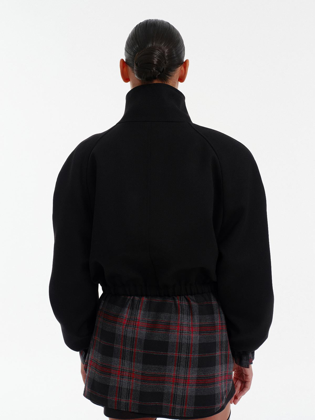 High neck insulated bomber jacket in black structured virgin wool