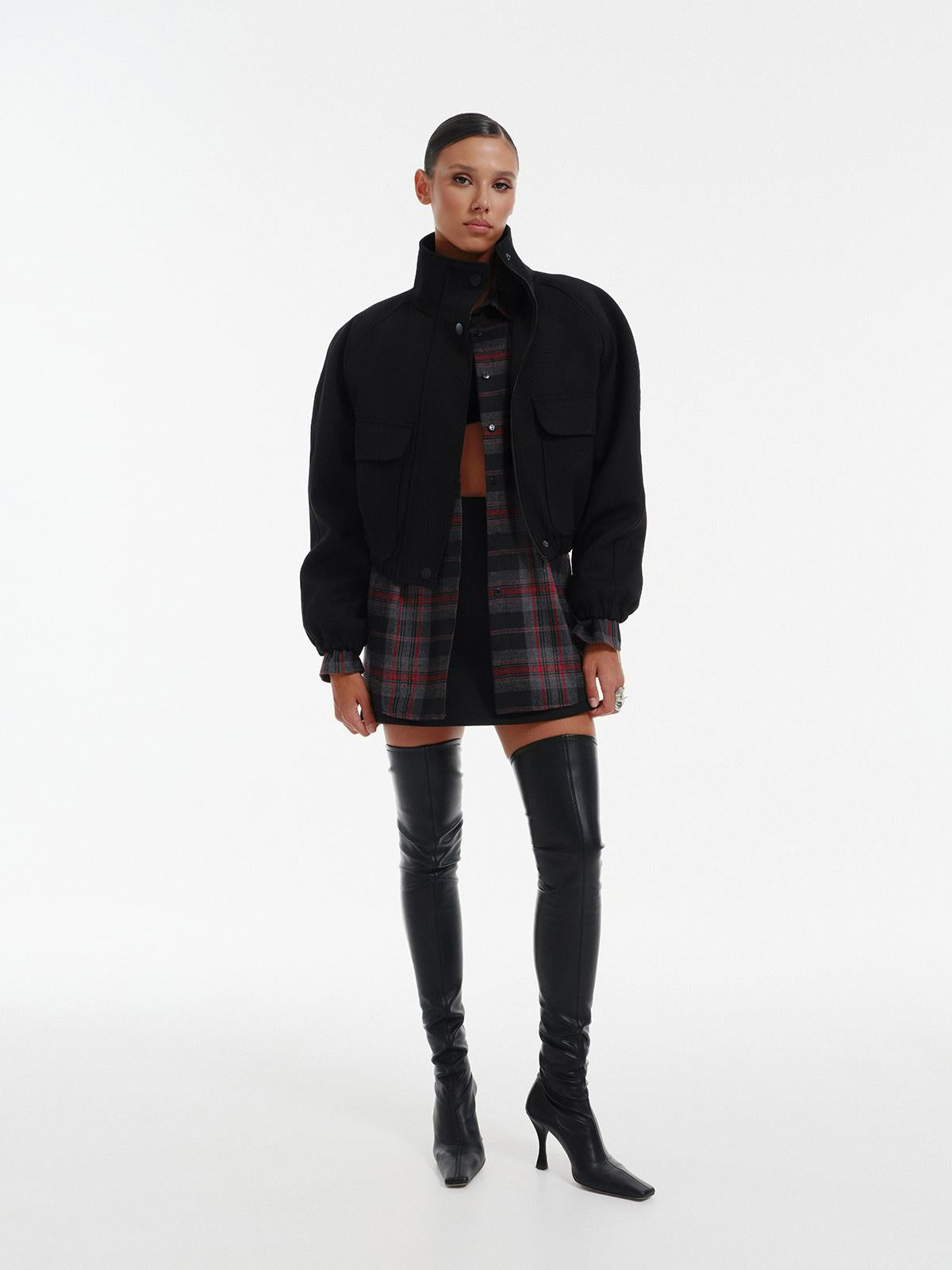 High neck insulated bomber jacket in black structured virgin wool