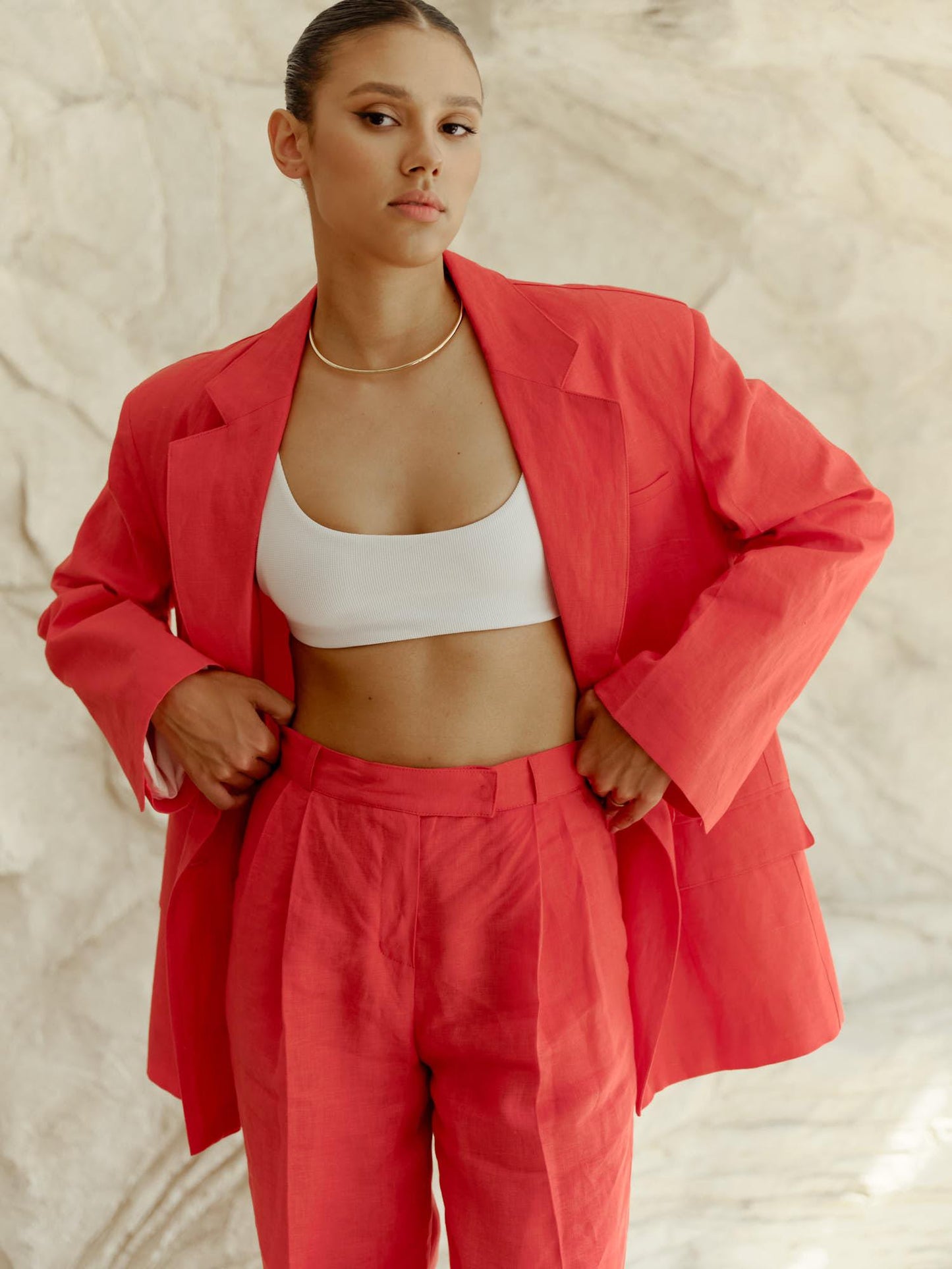 Two-piece linen set with wide leg pants