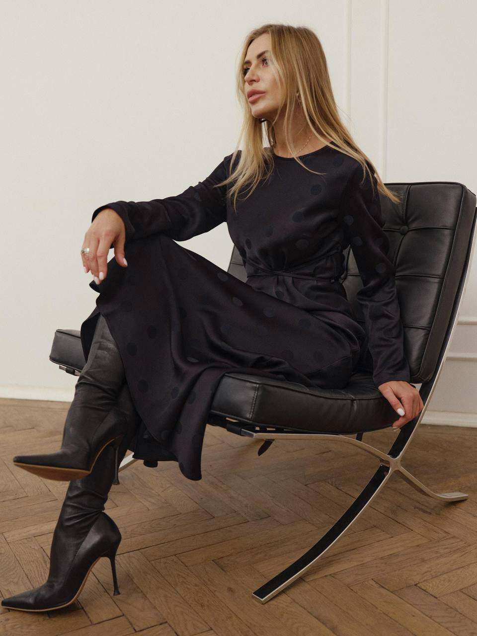 Long-sleeve maxi slip dress with string belt