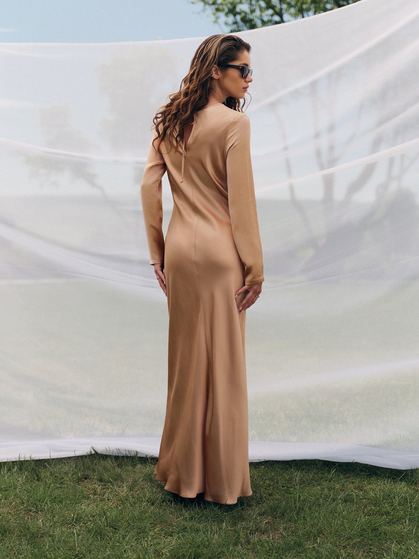 Long-sleeve maxi viscose slip dress