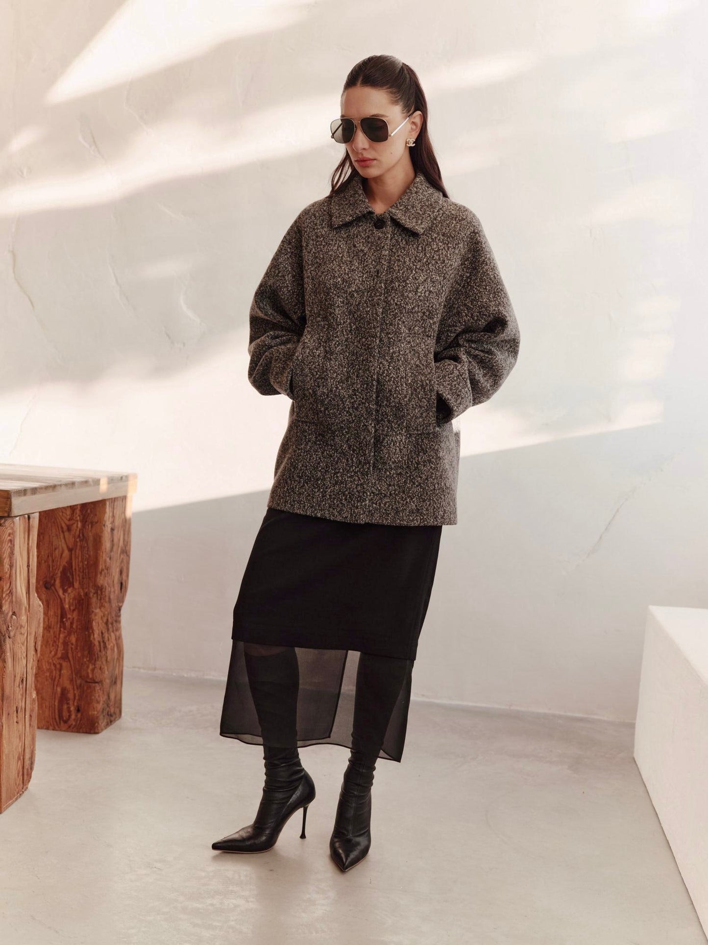 Relaxed fit wool cashmere mid-length bomber jacket