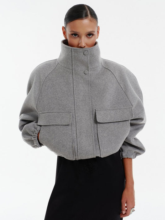 High neck bomber jacket in grey virgin wool