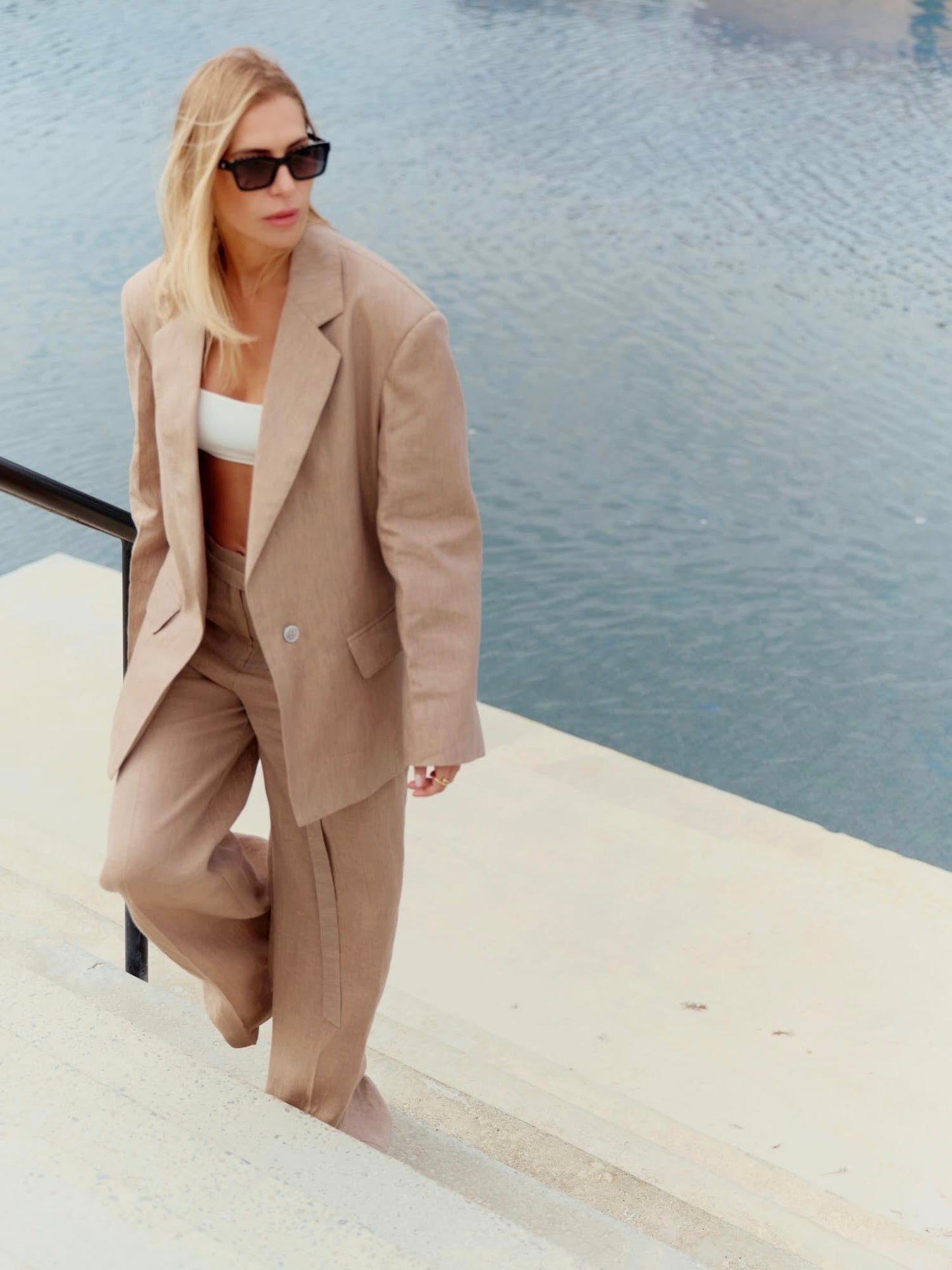 Two-piece loose fit suit with Alex palazzo in pearl beige linen