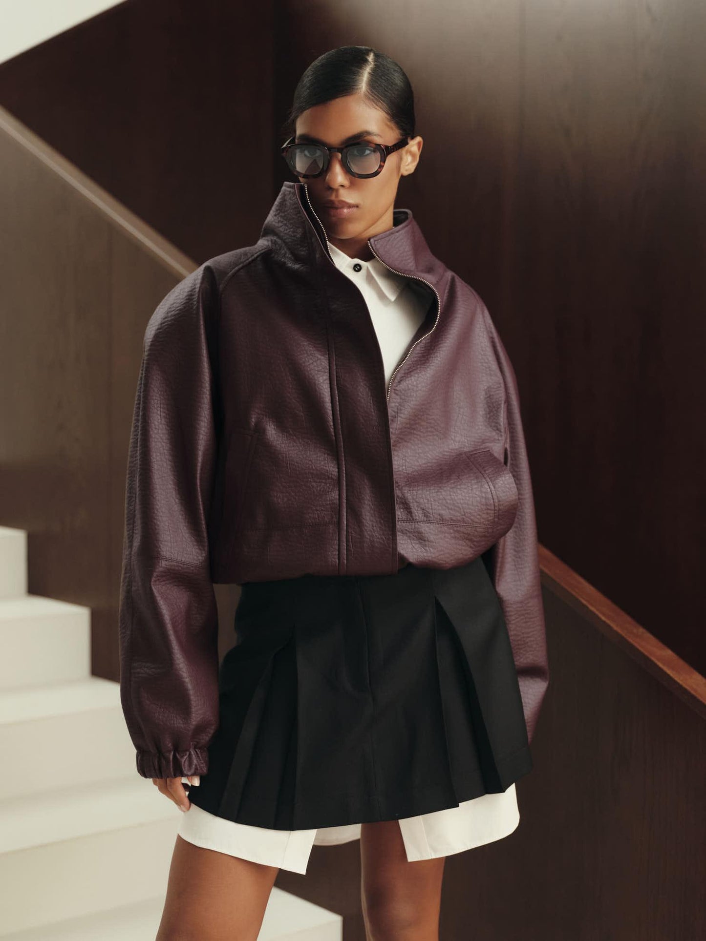 Future leather lined bomber jacket in deep velvet burgundy