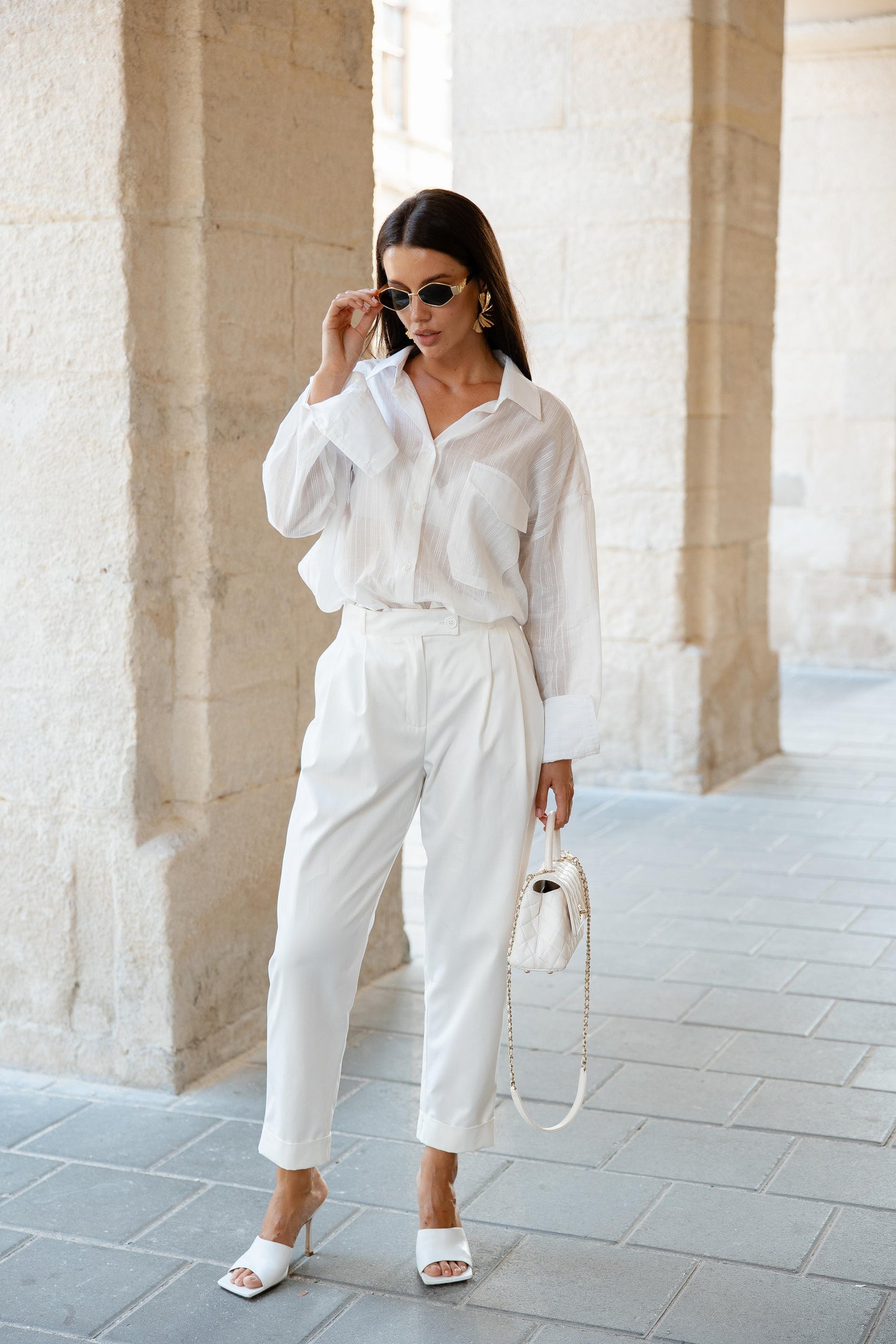 High waist jogger pants in white-off cotton