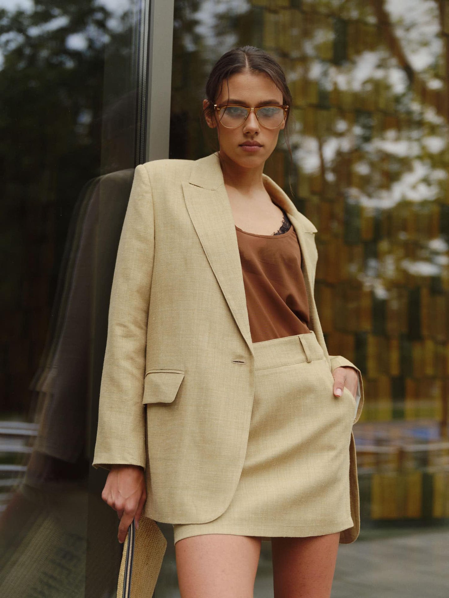 Two-piece suit with single-breast regular fit jacket and mini skirt