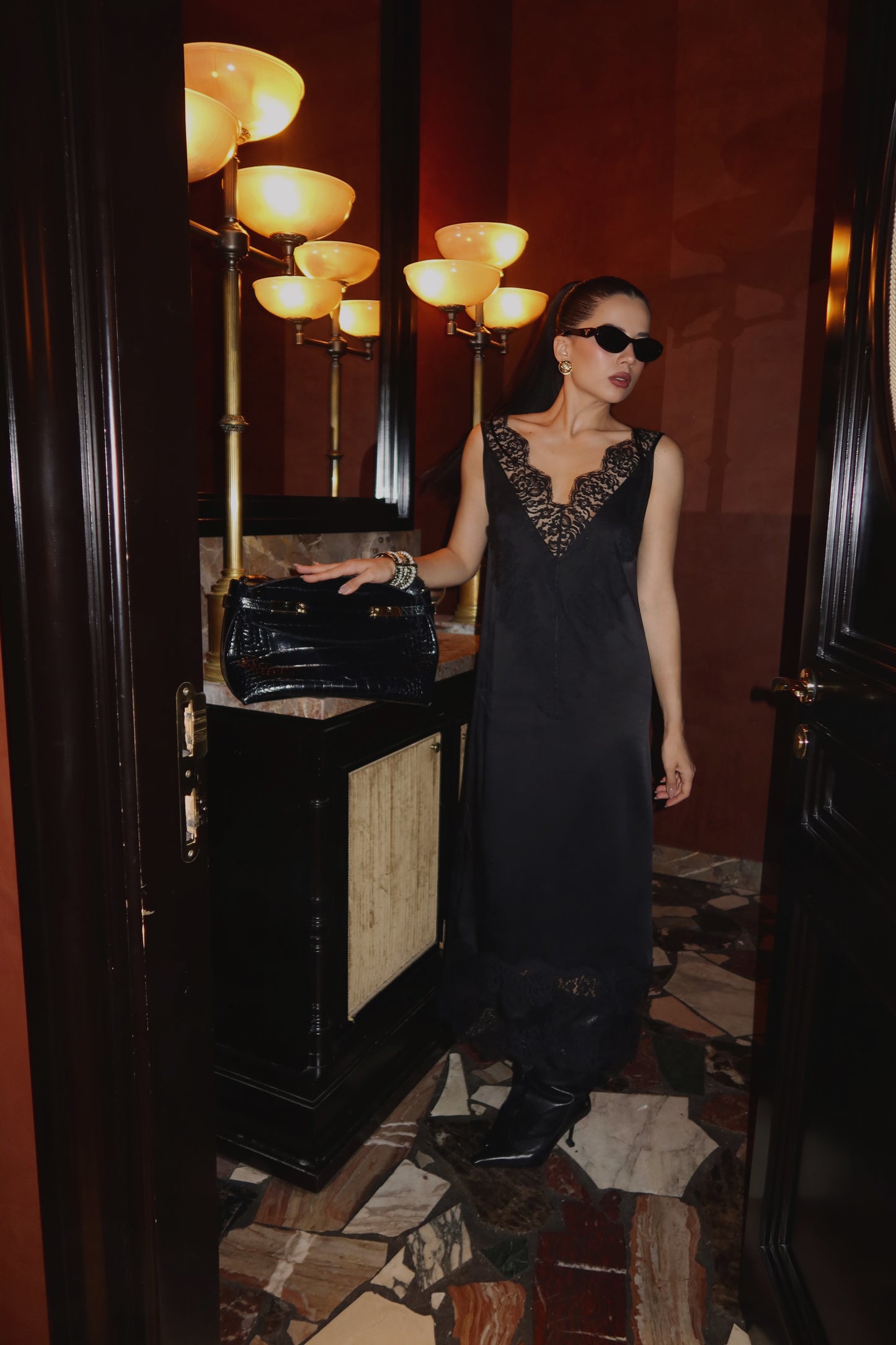 Silk blend lace maxi dress with deep back V-cut