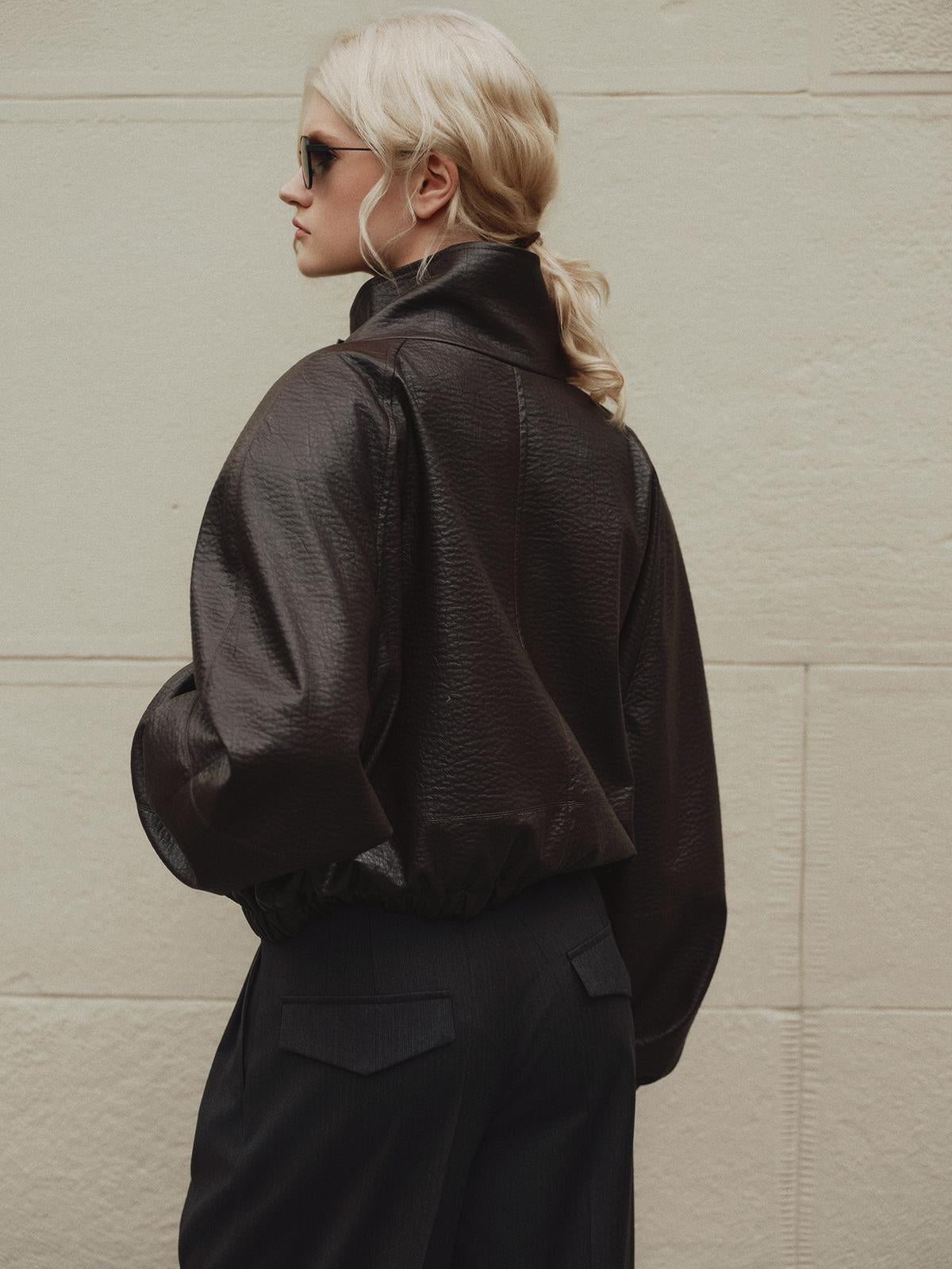 Vegan leather insulated bomber jacket in deep velvet brown