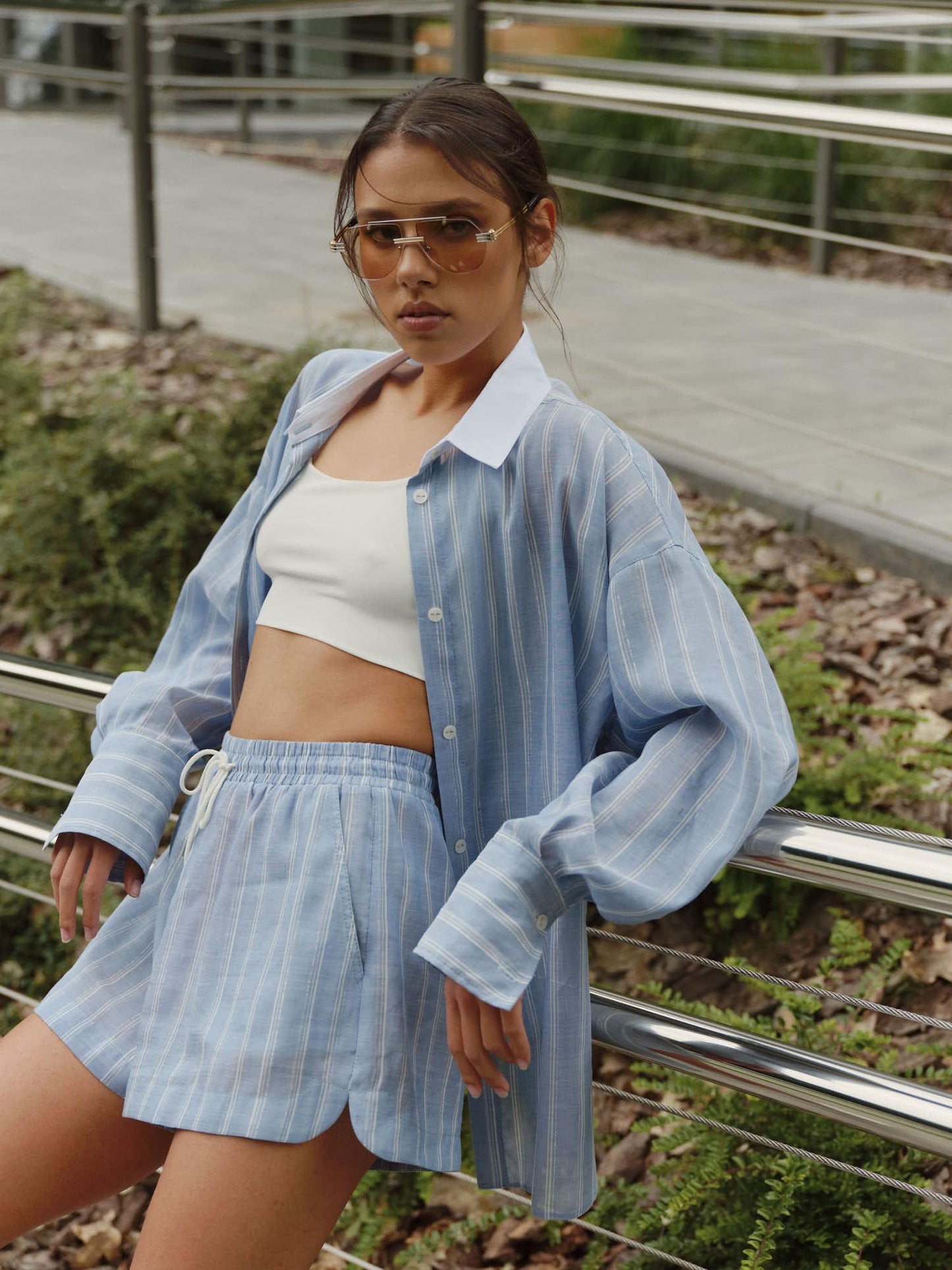 Two piece linen viscose suit with relaxed fit white collar shirt and boxer shorts