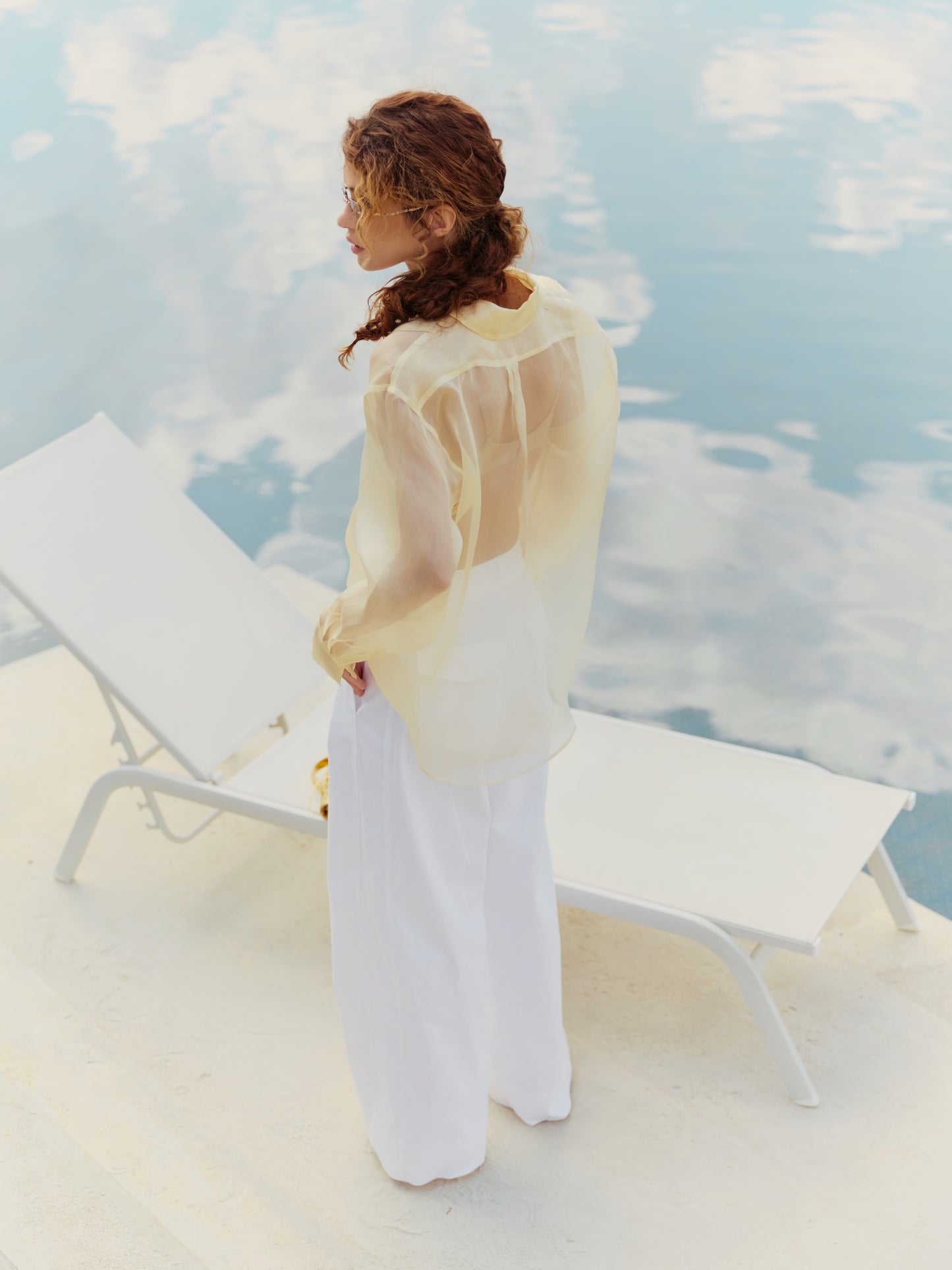 Bib-front oversized shirt in powder lime silk organza
