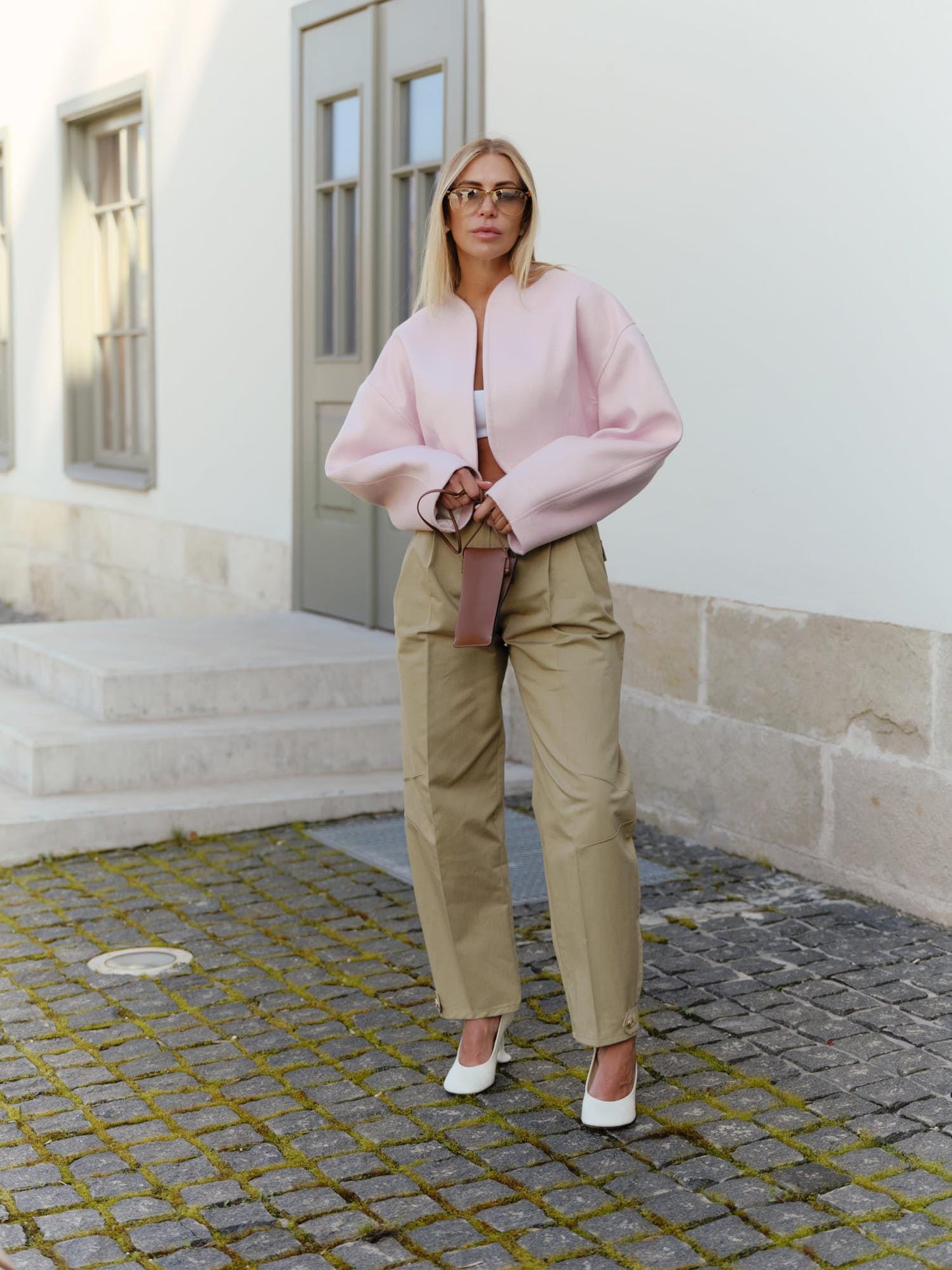 Joy crop bomber jacket in baby pink