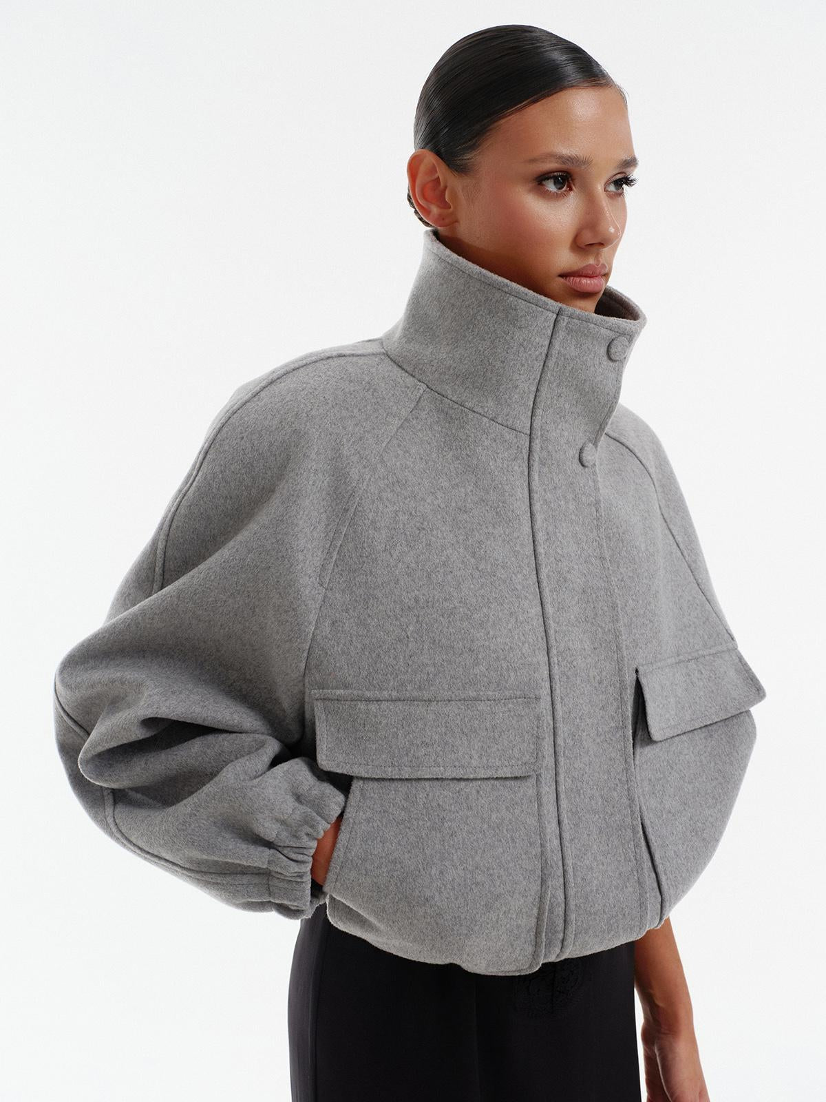 High neck bomber jacket in grey virgin wool