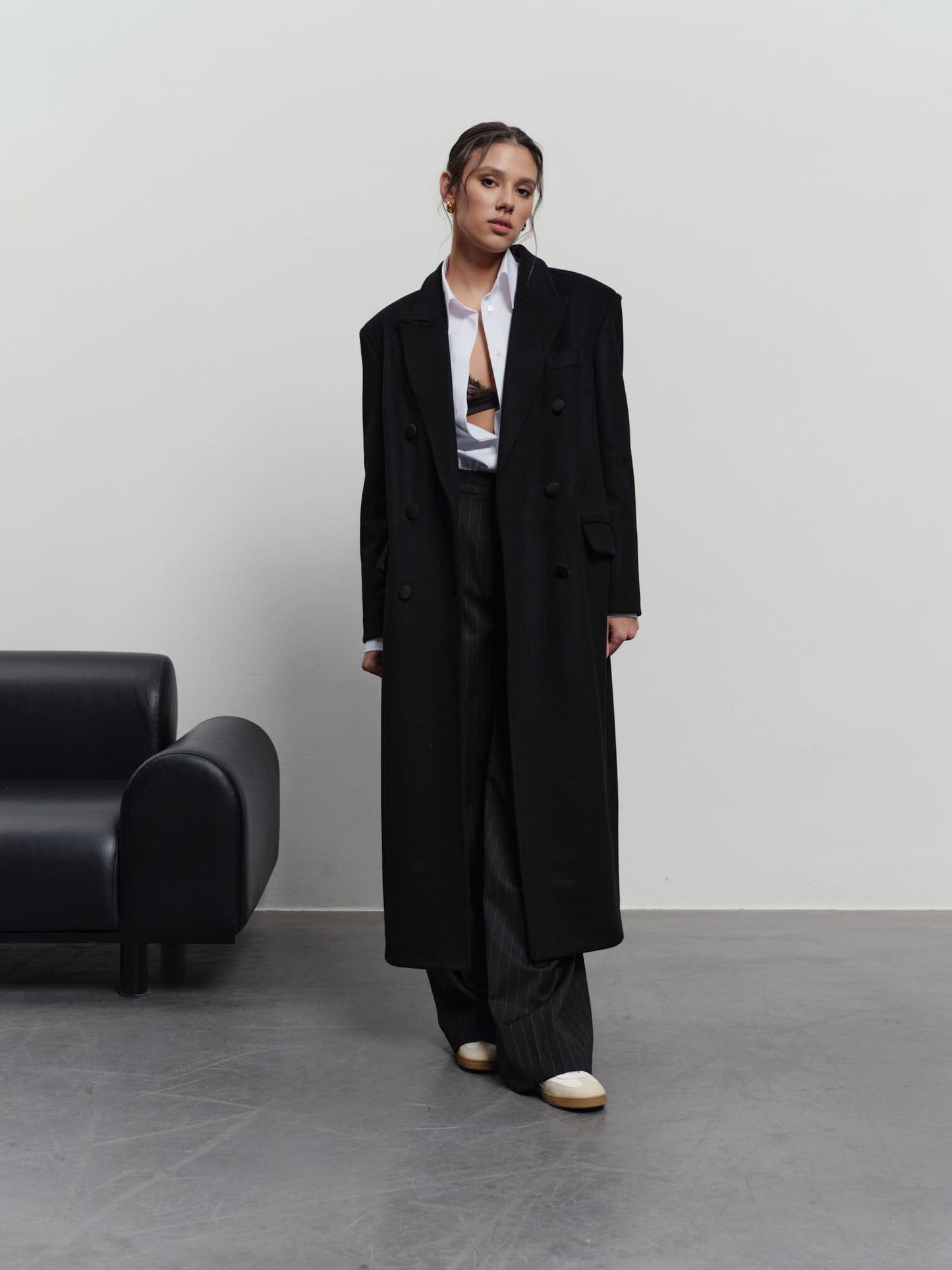 Relaxed wool cashmere maxi coat with accent satin buttons