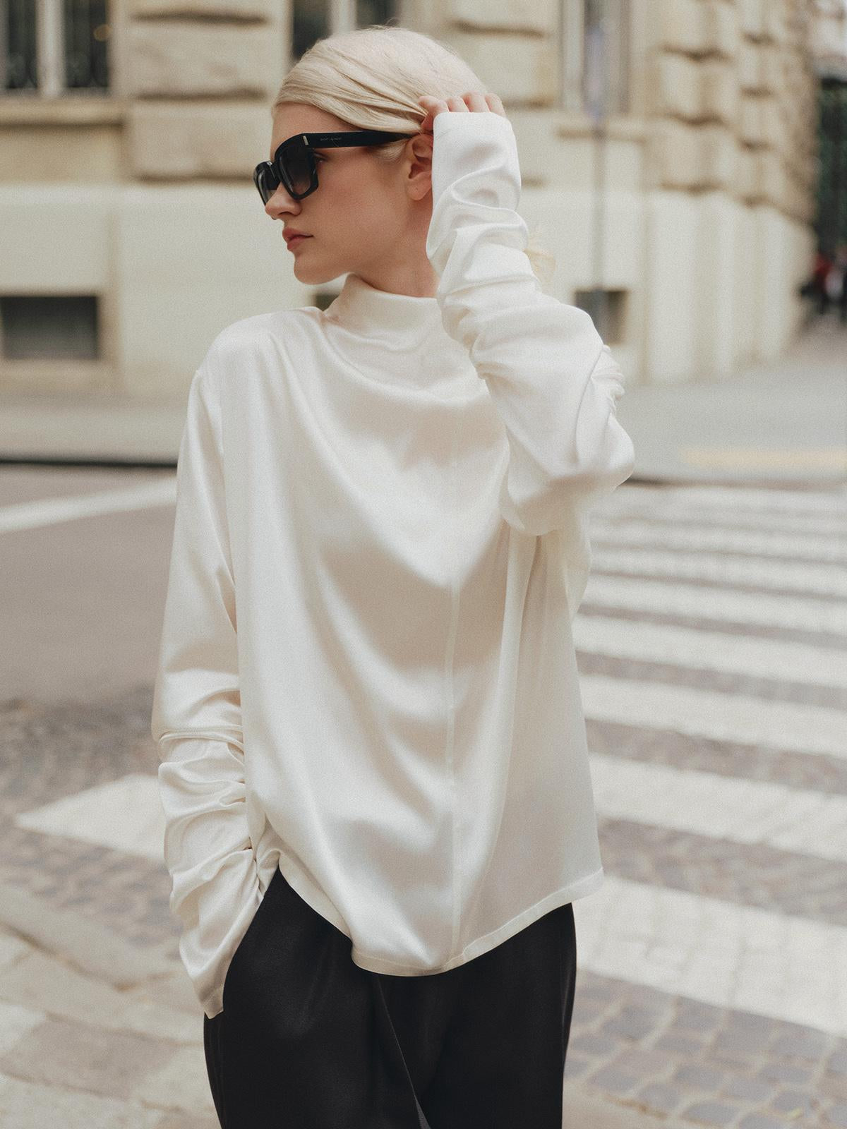 High-neck loose fit long-sleeve top in silk viscose blend