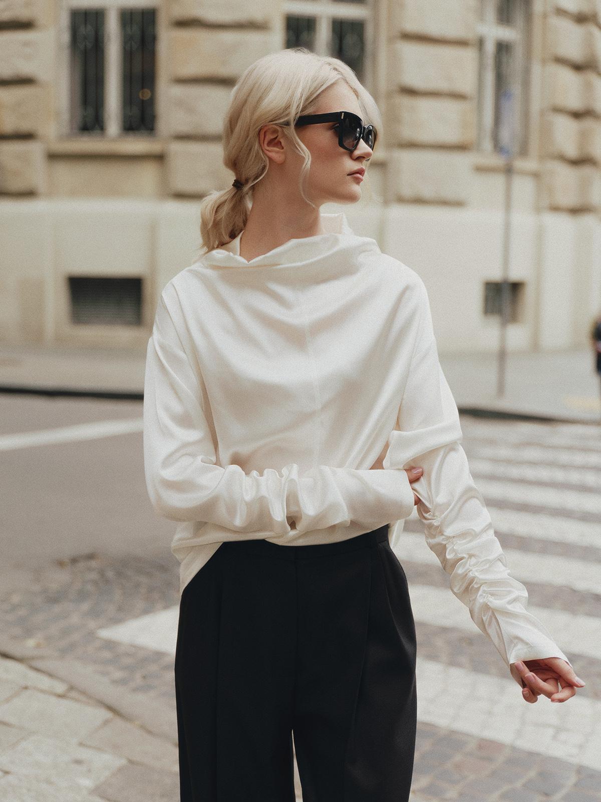 High-neck loose fit long-sleeve top in silk viscose blend