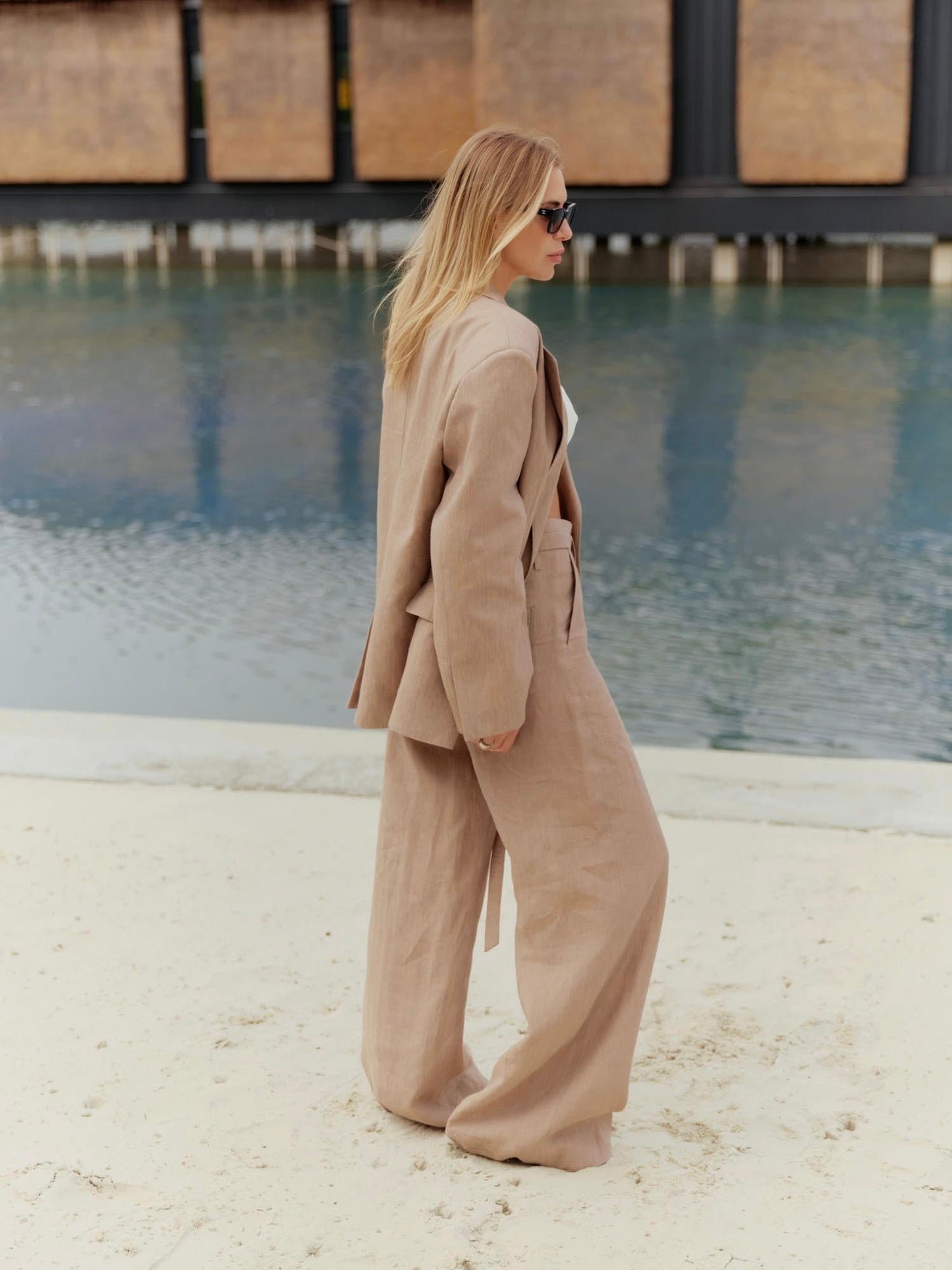 Two-piece loose fit suit with Alex palazzo in pearl beige linen