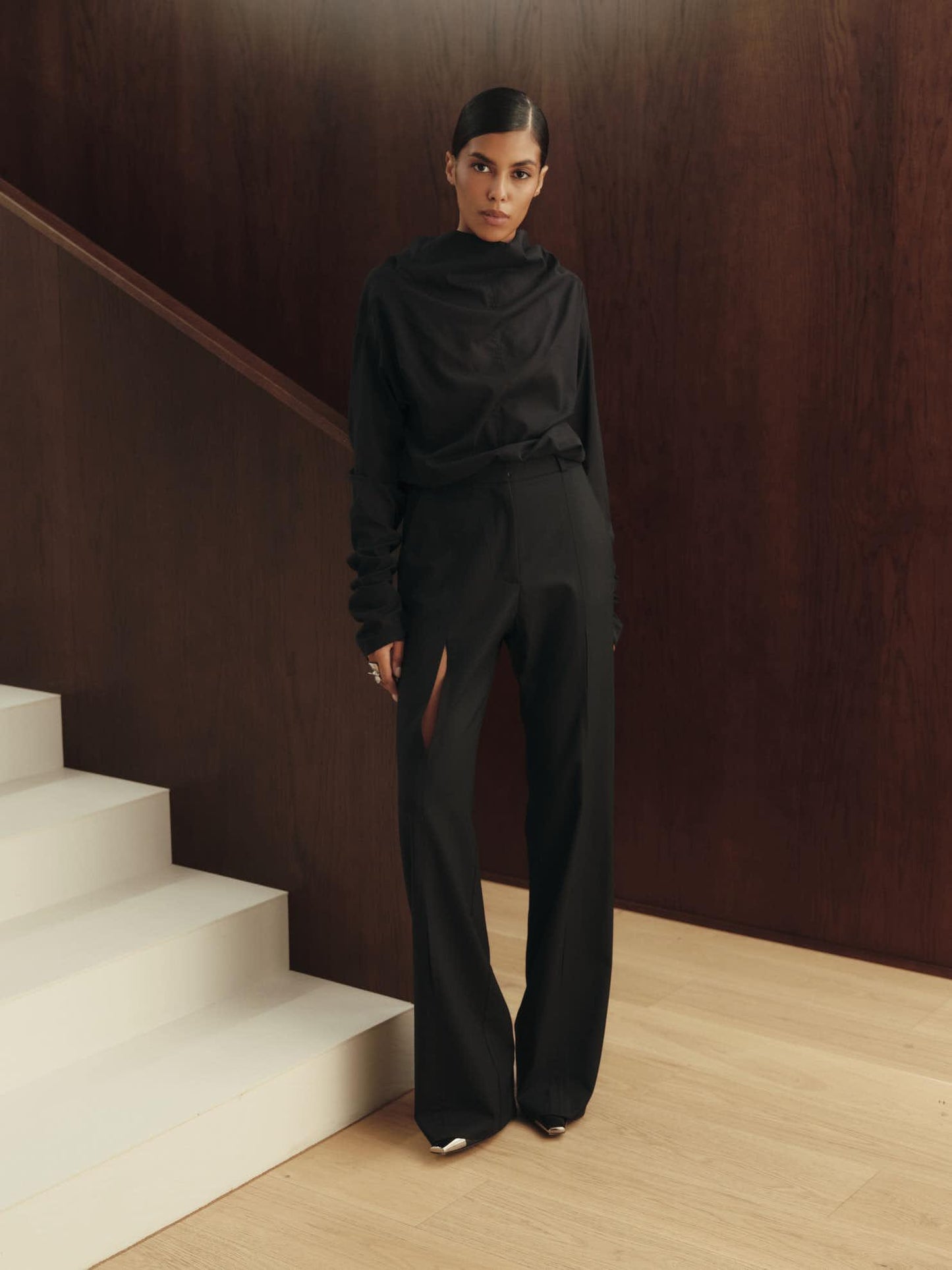 Straight regular fit wool pants with accent cut-out front details