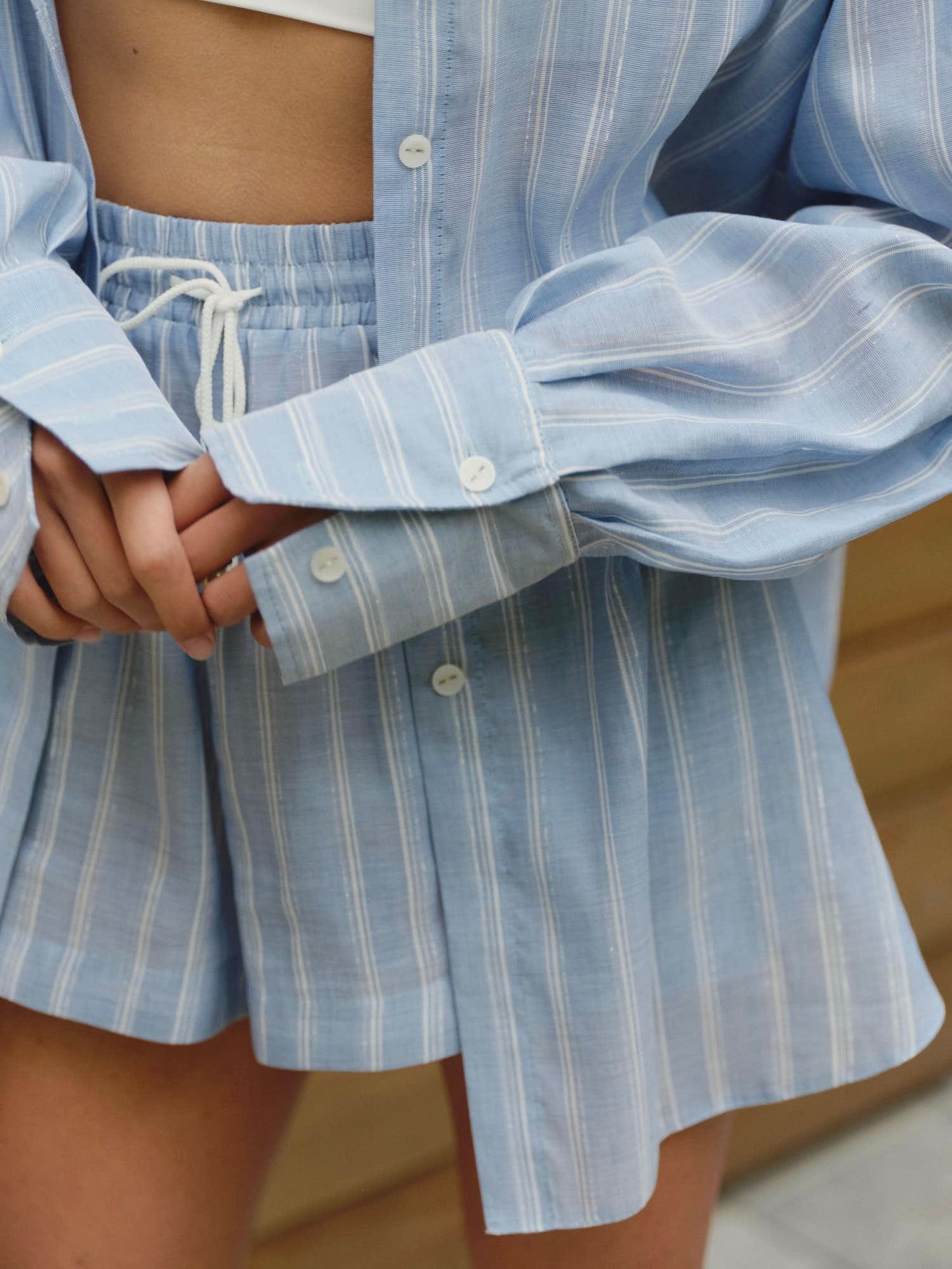 Two piece linen viscose suit with relaxed fit white collar shirt and boxer shorts