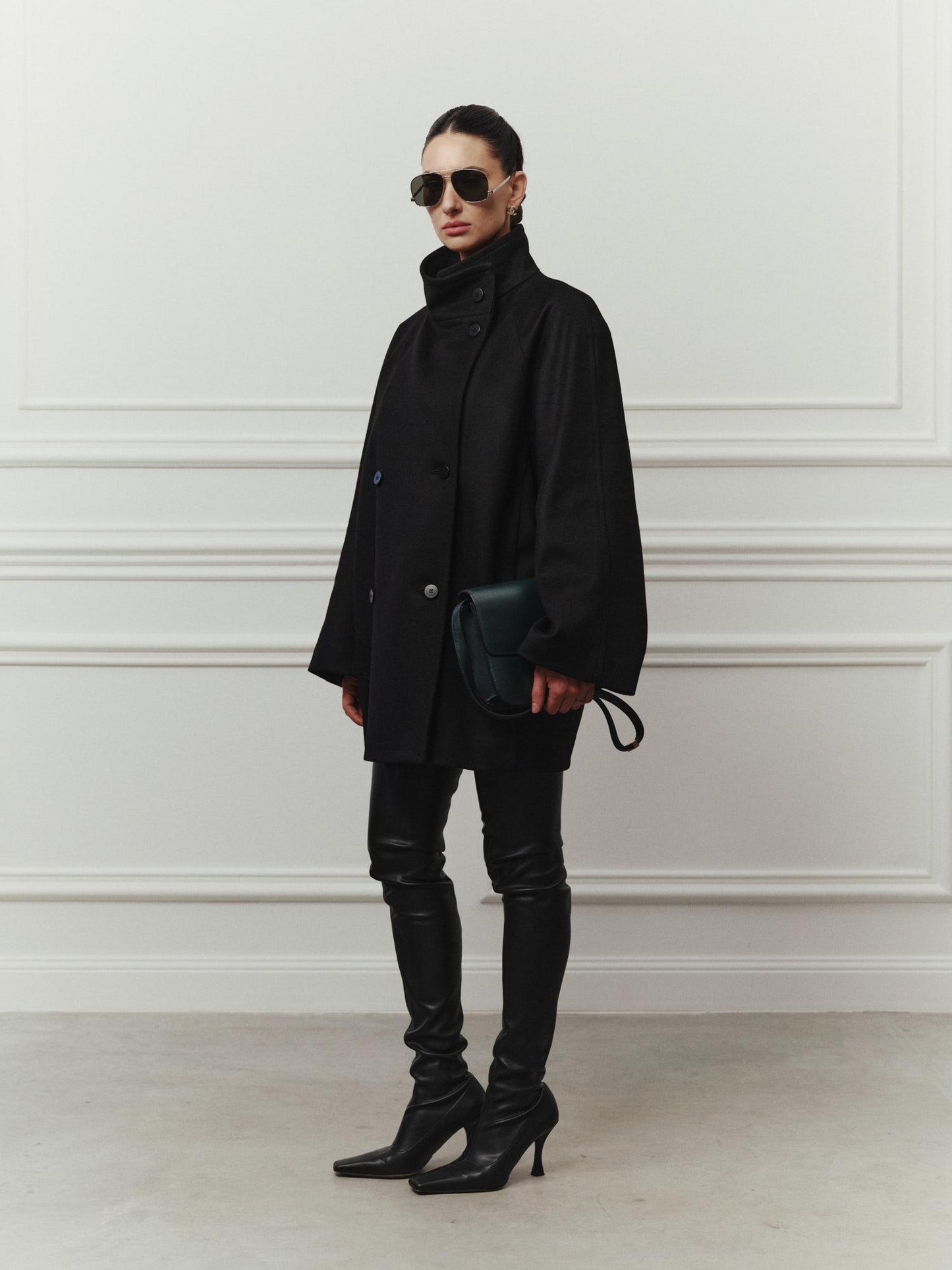 Cocoon double-breasted midi wool coat with high collar