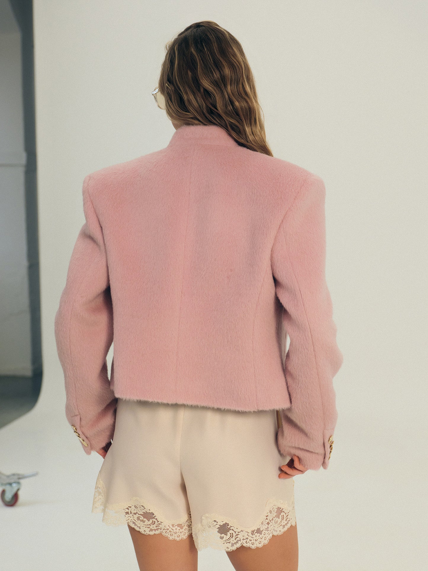 Cashmere crop jacket with accent golden buttons