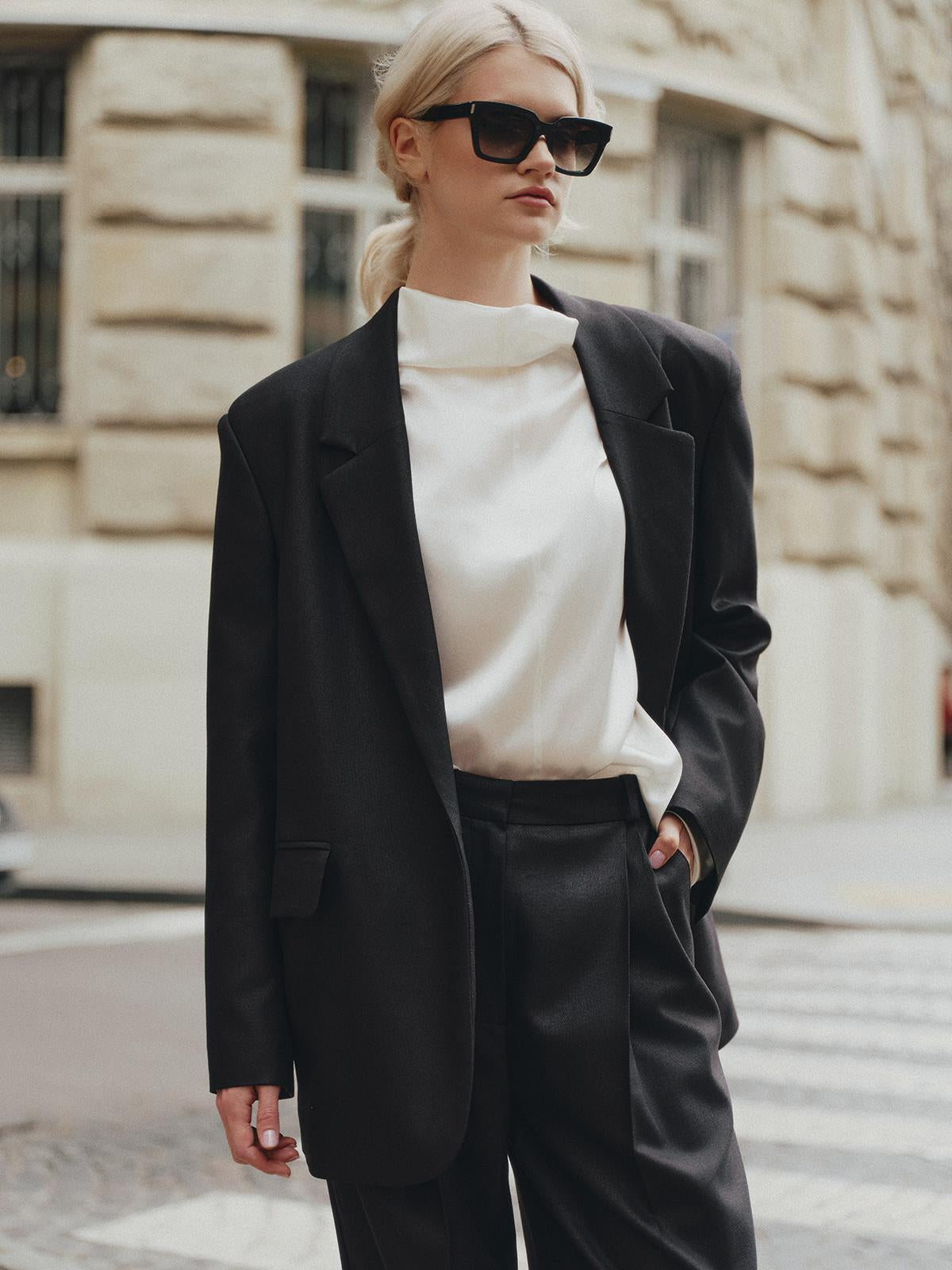 Two-piece contemporary fit suit with Ralph blazer and palazzo pants in structured wool silk blend