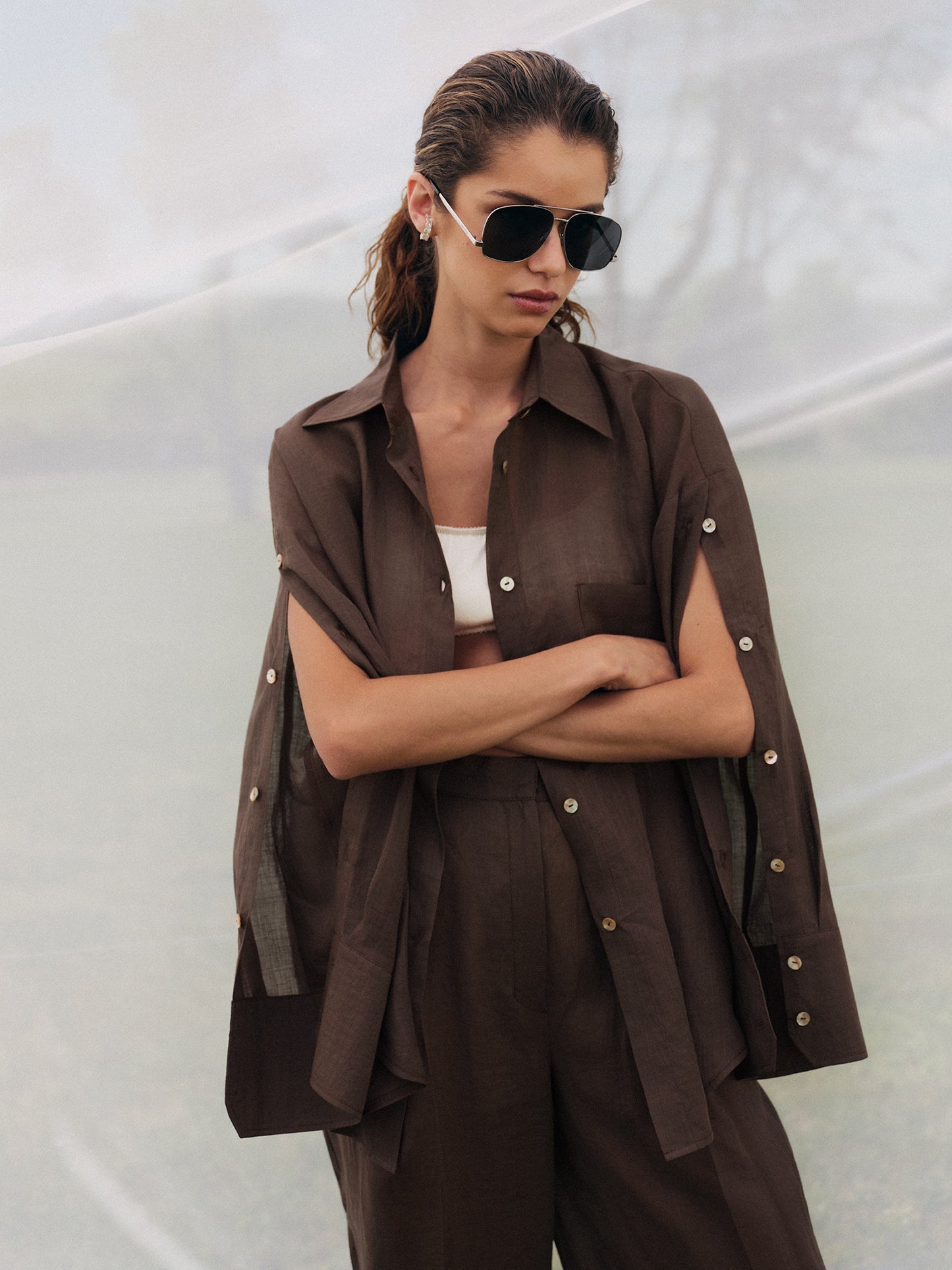 Oversized shirt with accent buttoned sleeves with wide-leg pants in tobacco silk linen