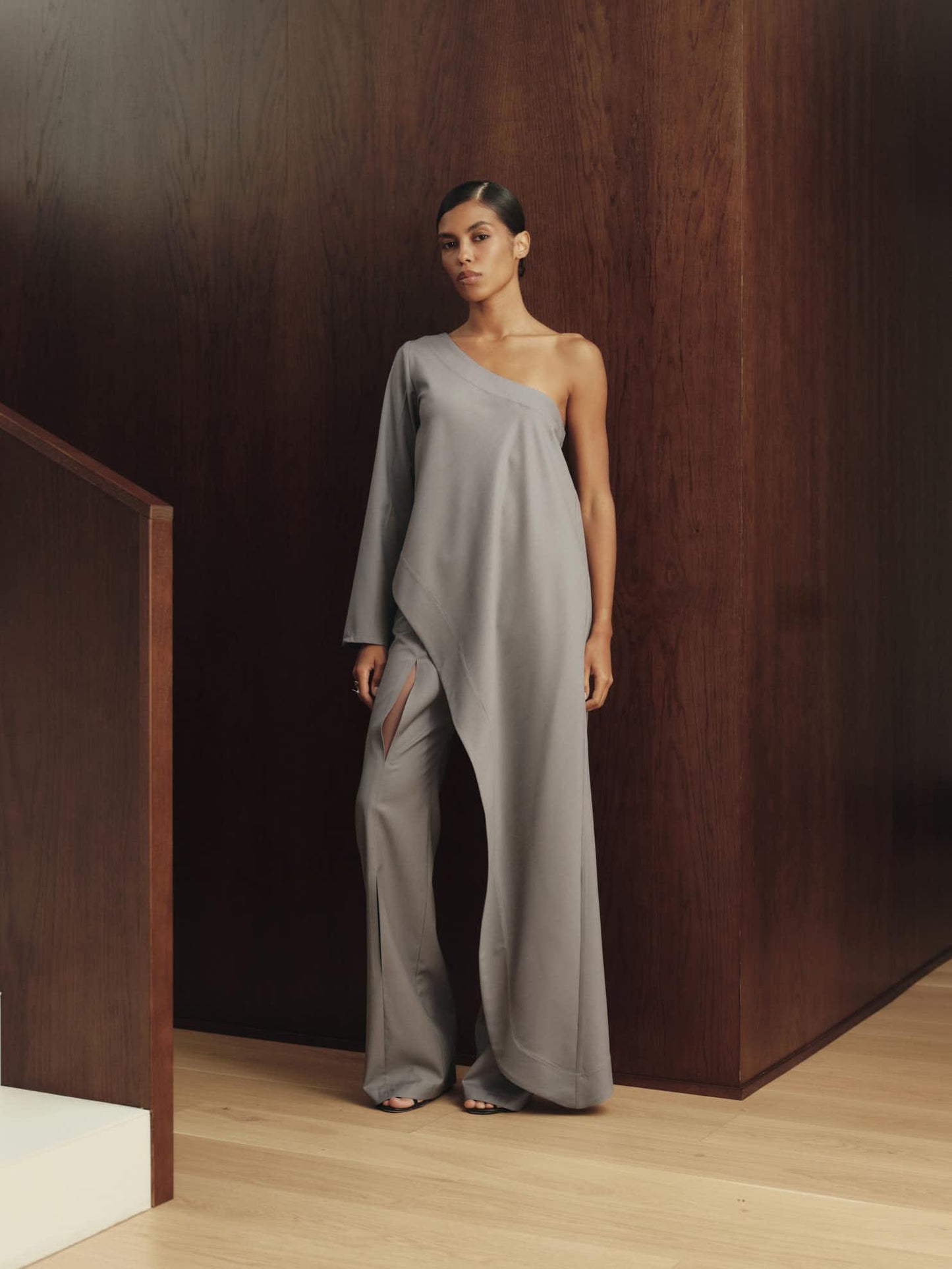Maxi asymmetric wool off-shoulder tunic
