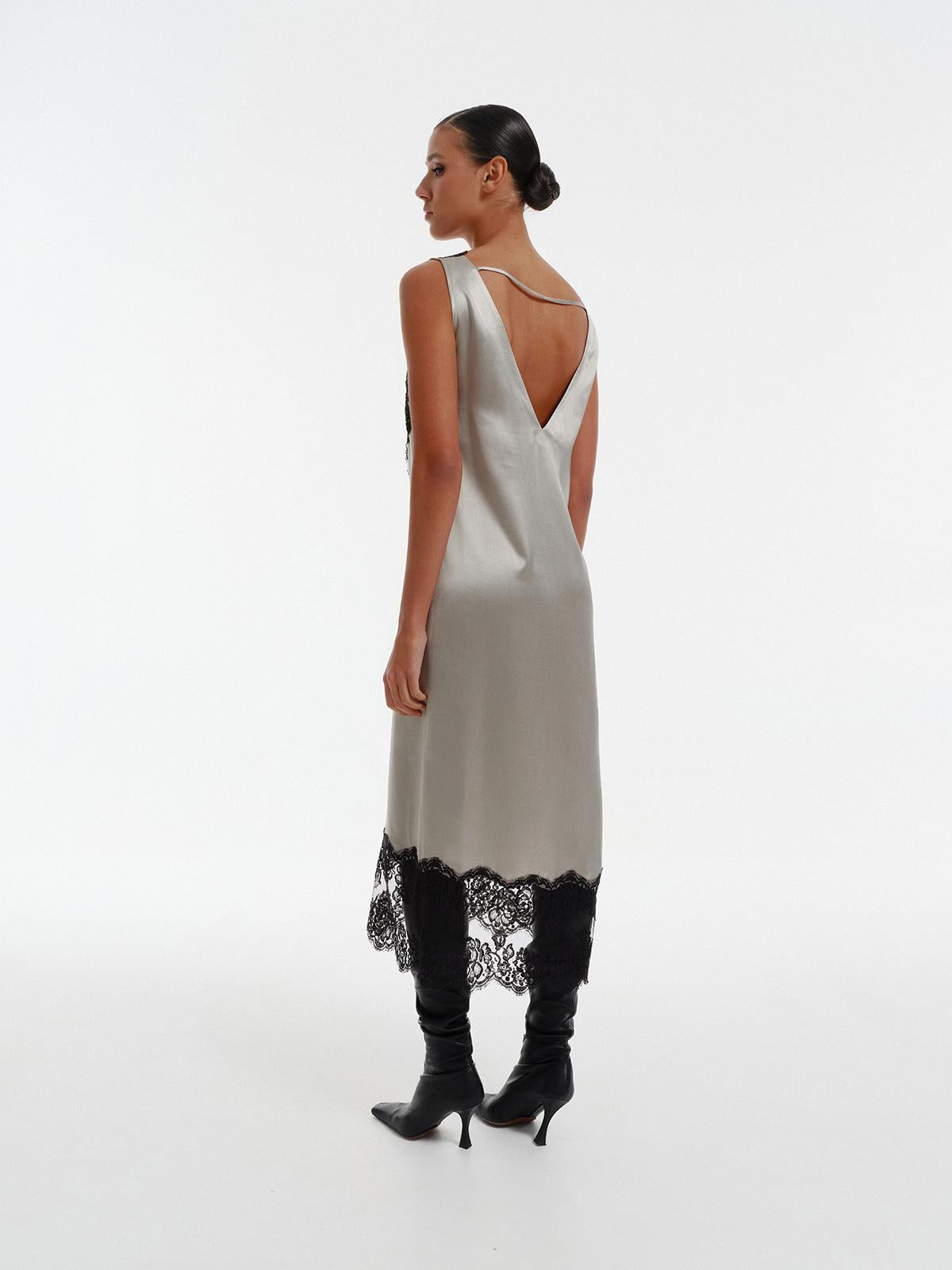 Silk blend lace maxi dress with deep back V-cut
