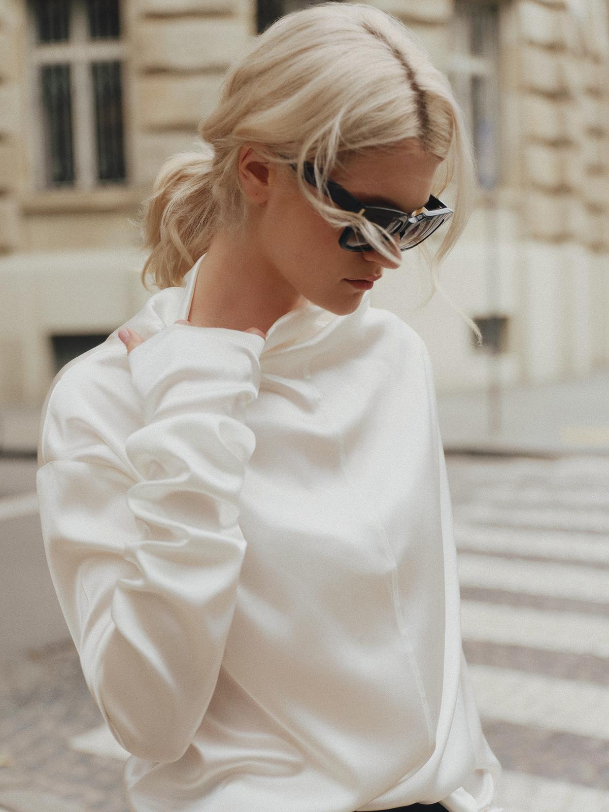 High-neck loose fit long-sleeve top in silk viscose blend