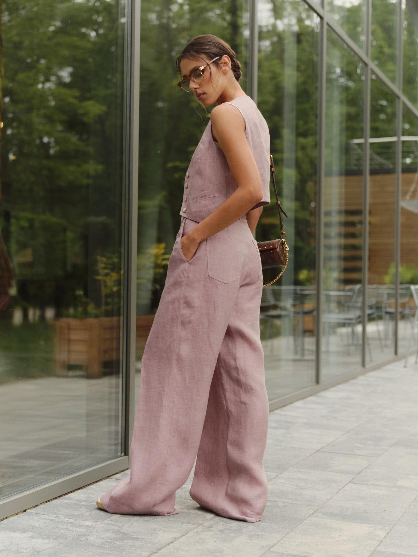 Two-piece linen blend suit with vest