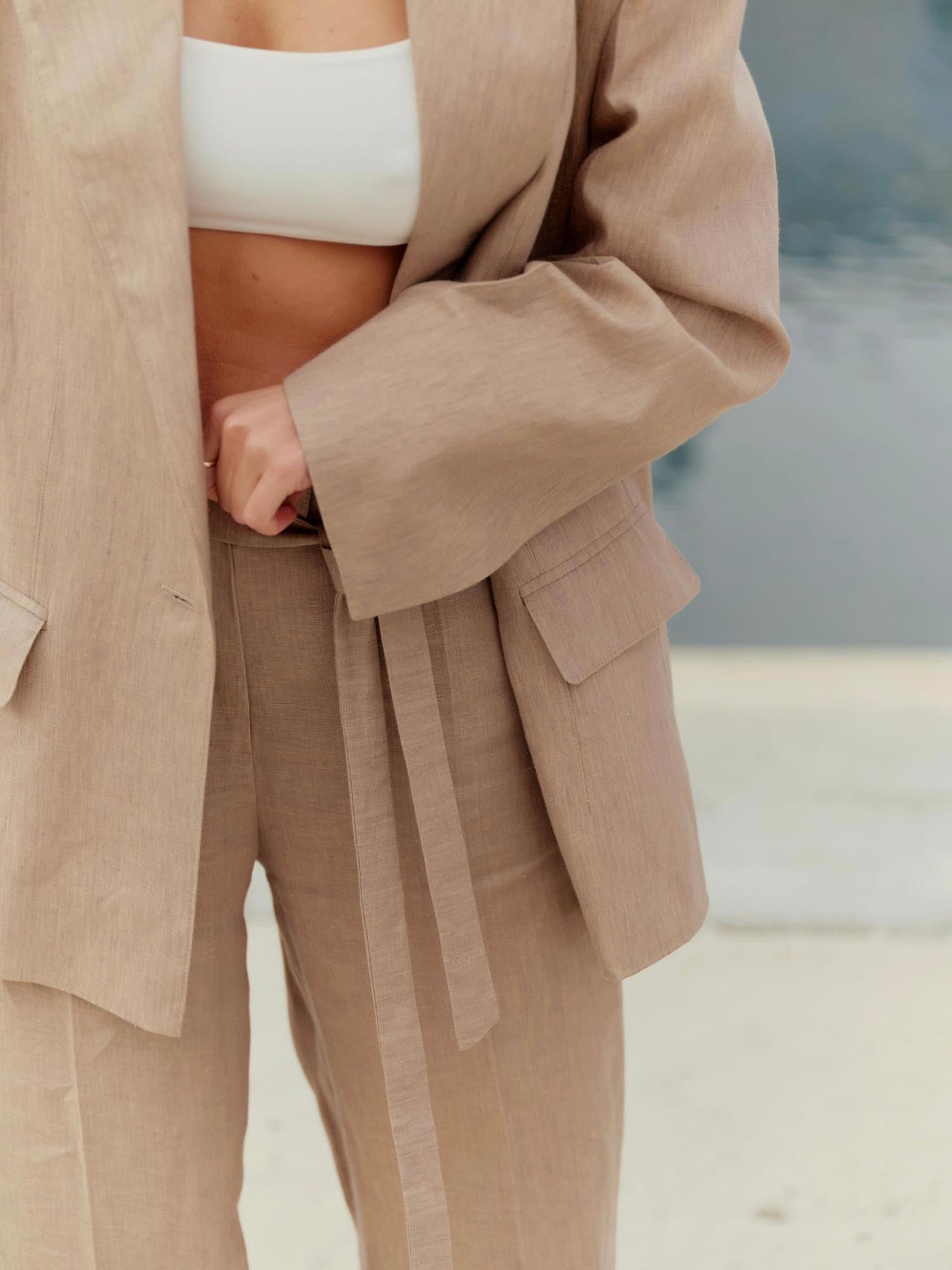 Two-piece loose fit suit with Alex palazzo in pearl beige linen