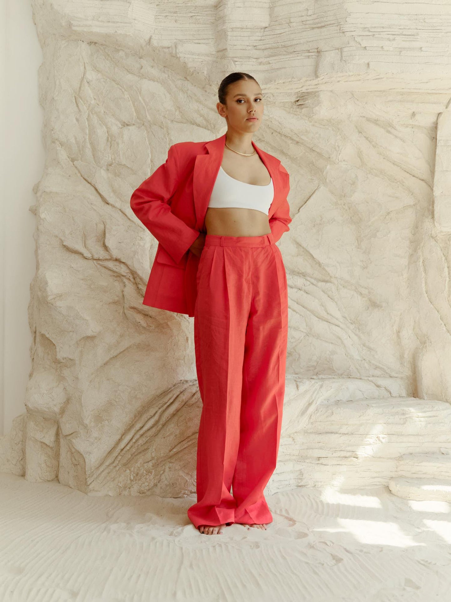 Two-piece linen set with wide leg pants