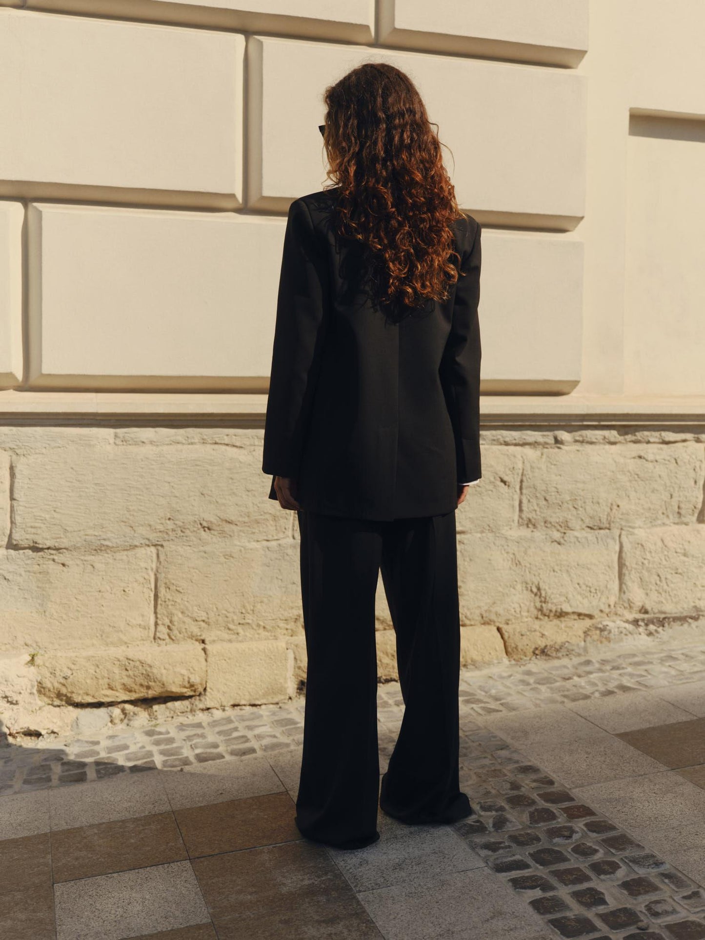 Two-piece relaxed fit wool suit with palazzo pants