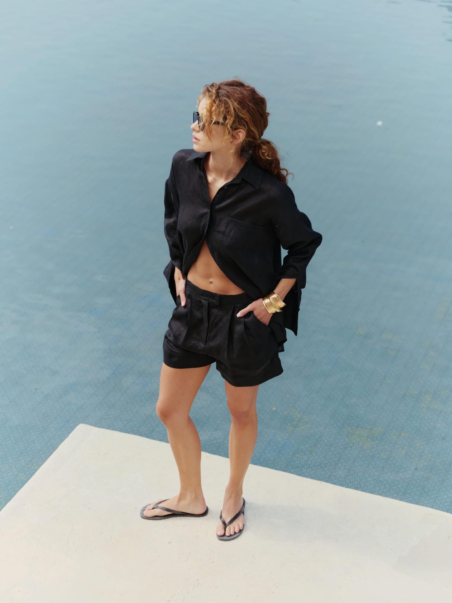 Two-piece linen set with oversized shirt and shorts