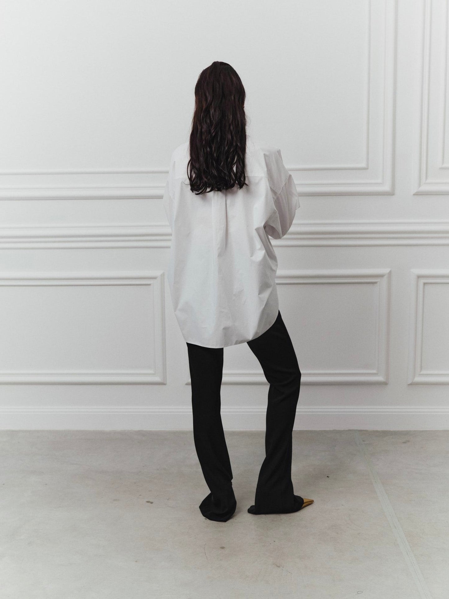 Bib-front oversized cotton shirt with accent gold buttons