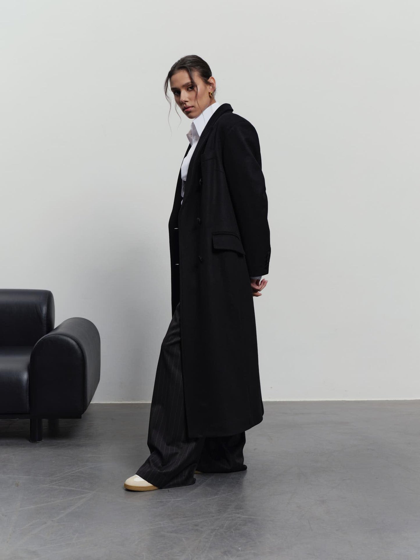 Relaxed wool cashmere maxi coat with accent satin buttons
